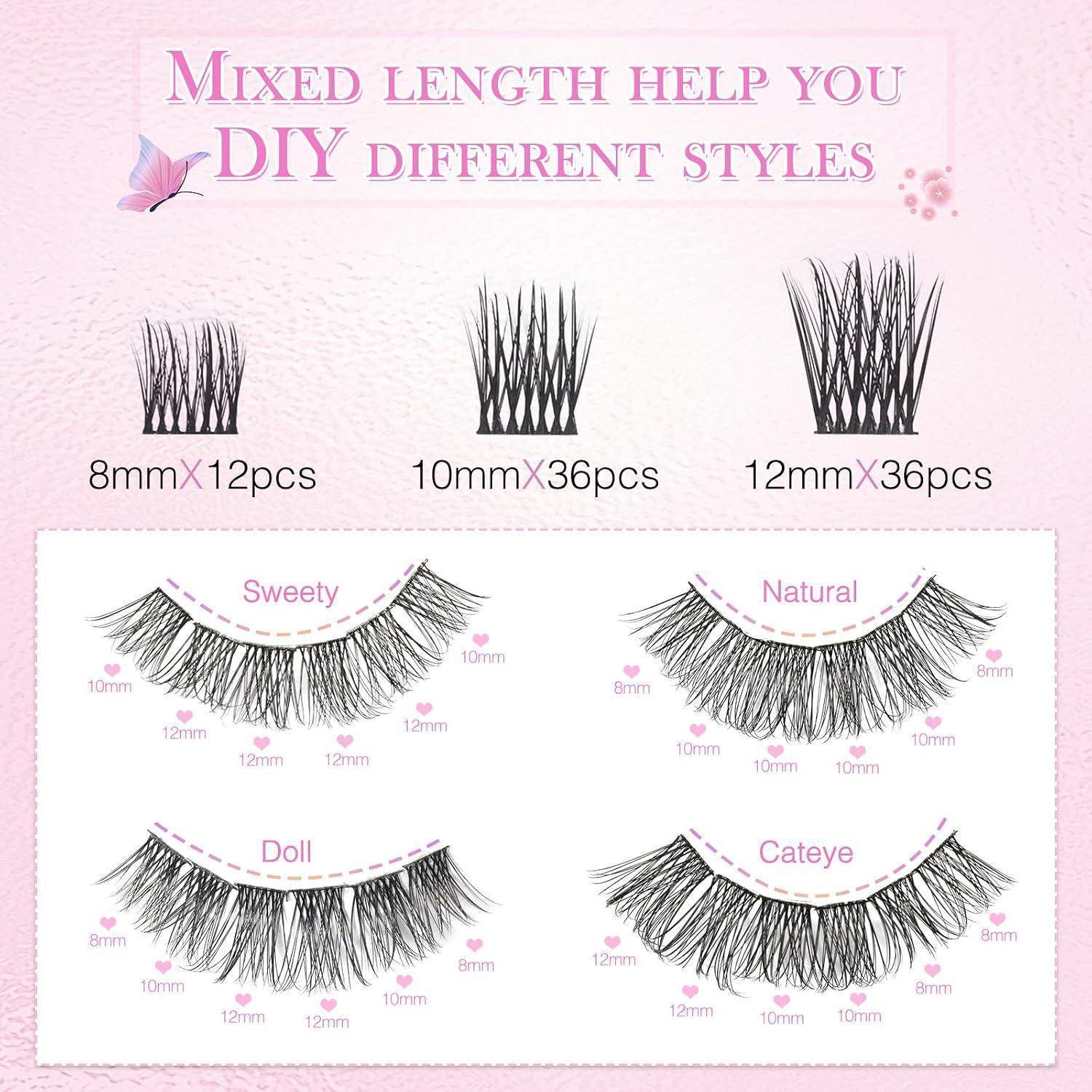 Werbe-Wimperndiagramm mit gemischter Länge DIY-Wimpern: 8mm x12 Stück, 10mm x36 Stück, 12mm x36 Stück, mit vier Stilen: Sweety, Natural, Doll und Cateye.
