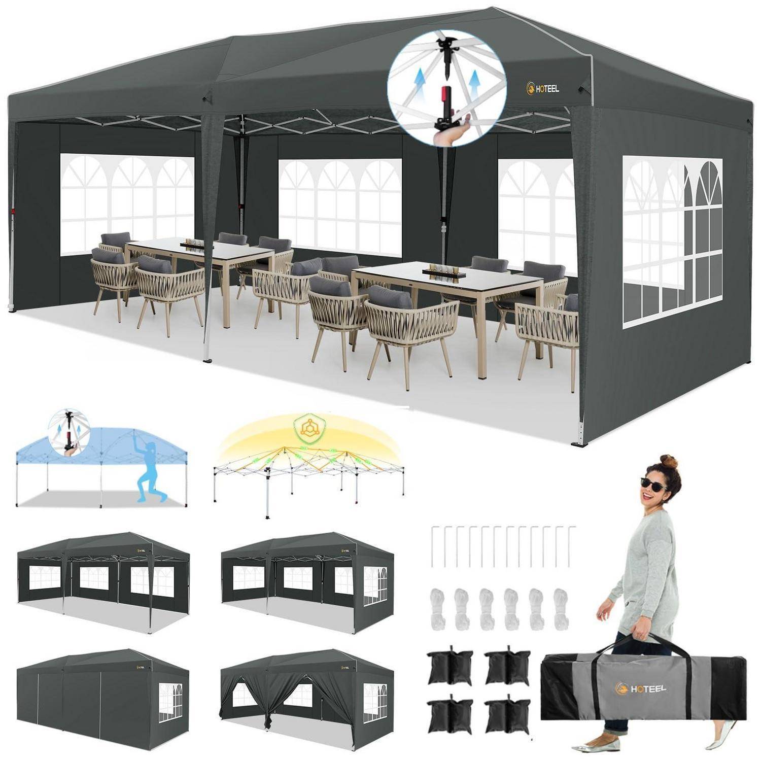 Werbekollage eines großen schwarzen Pop-up-Baldachins mit Seitenwänden, gezeigt mit Tischen und Stühlen im Inneren sowie kleineren Ansichten des Aufbaus, der Struktur und der Tragetasche.