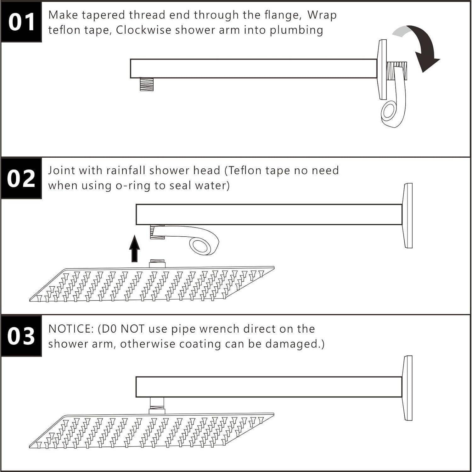 Dreischrittiges Installationsdiagramm für einen Duscharm und einen Regenduschkopf: Teflonband umwickeln, Arm in die Rohrleitungen schrauben, dann den Duschkopf ohne Schraubenschlüssel anbringen.