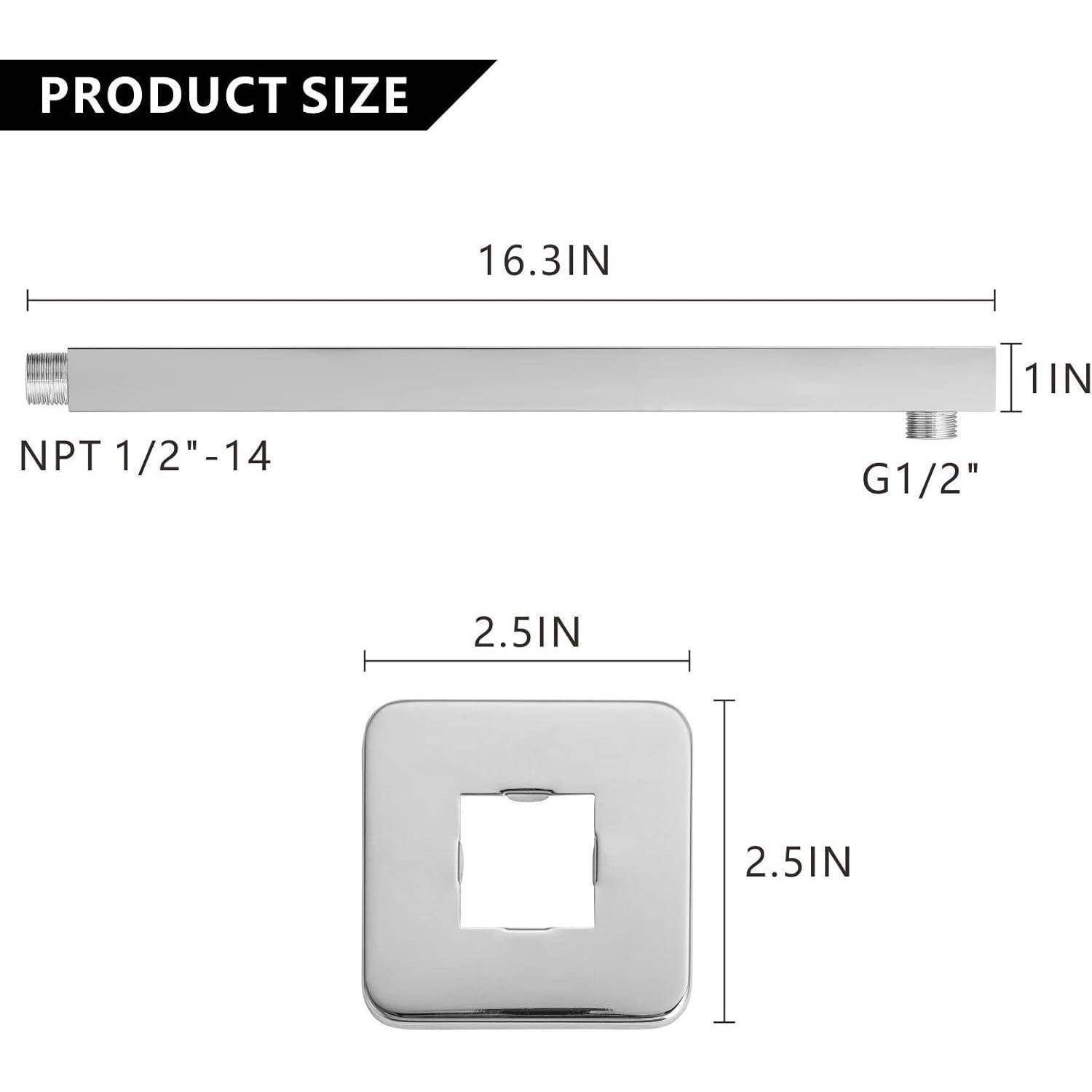 Produktgrößendiagramm mit einem Metallduscharm: 16,3 Zoll lang, 1 Zoll hoch, mit NPT 1/2