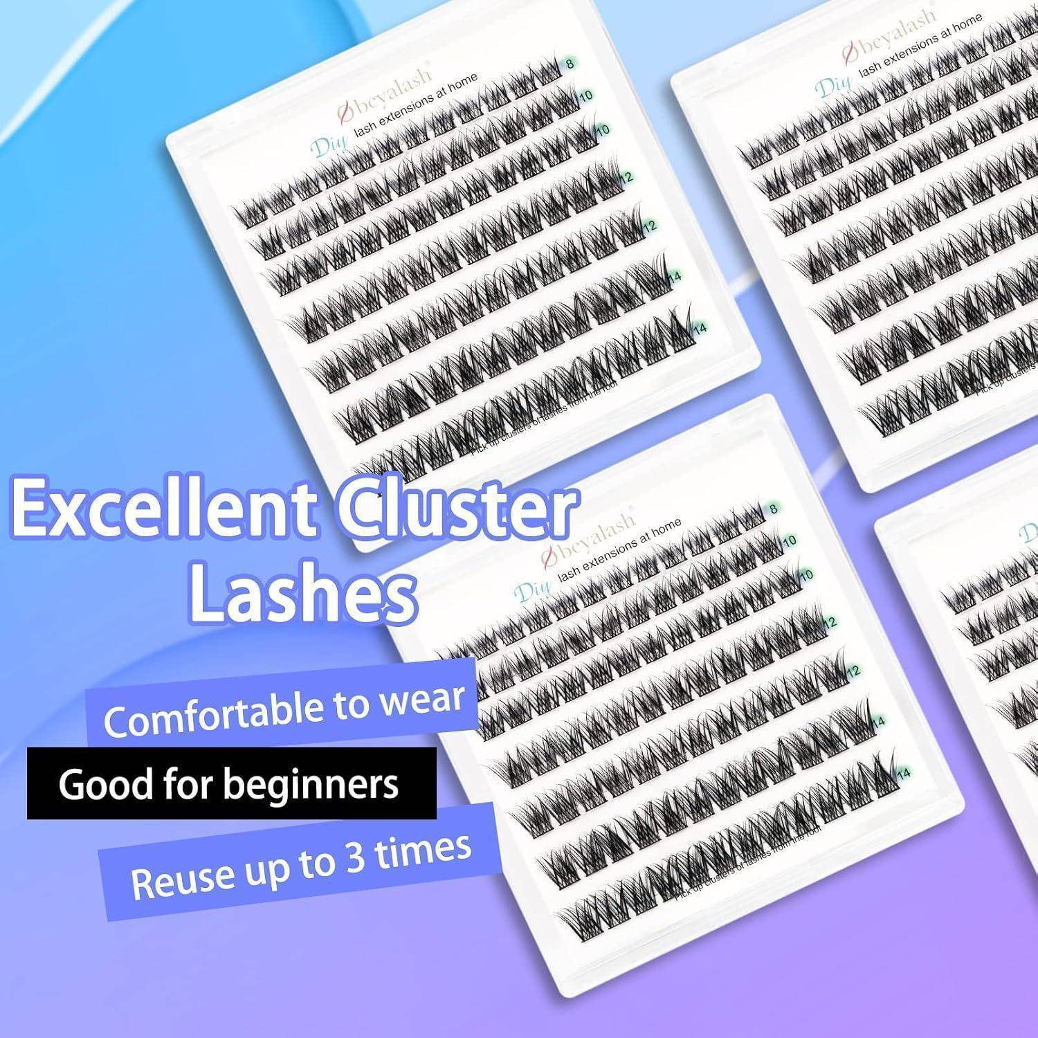 Werbebild mit mehreren Tabletts falscher Cluster-Wimpern und Text: „Excellente Cluster-Wimpern