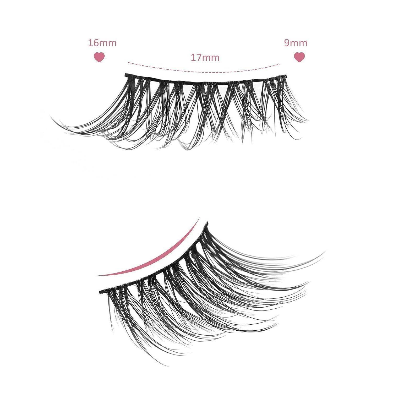 Abbildung eines künstlichen Wimpernstreifens mit Maßangaben: 16 mm links, 17 mm Mitte, 9 mm rechts, zeigt ein verjüngtes, wisperndes Wimperndesign.