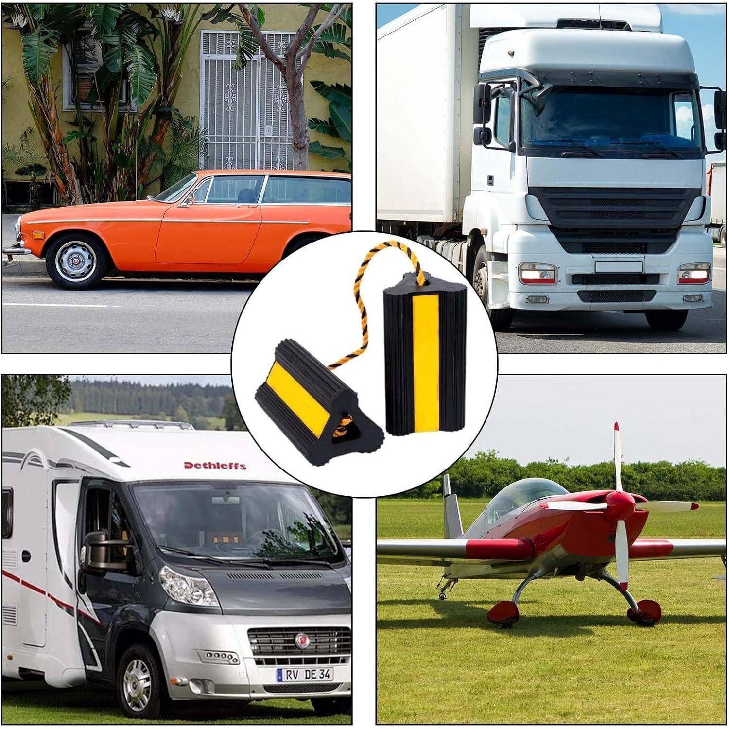 Collage von Fahrzeugen, die durch Radkeile blockiert sind: oranges Auto, weißer Lastkraftwagen, Wohnmobil und rotes Flugzeug, mit einer Nahaufnahme der Keile in der Mitte.