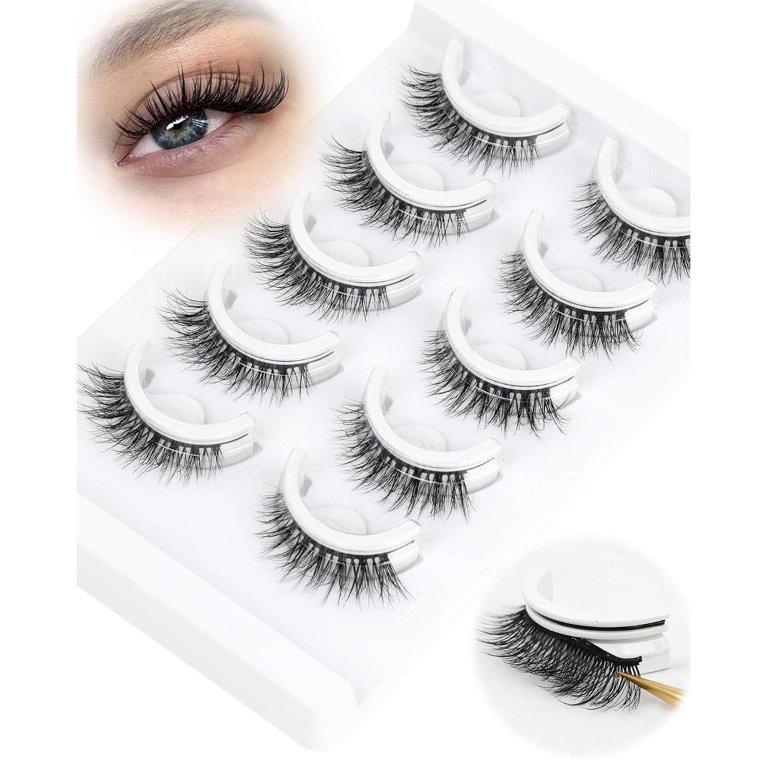 Tablett mit falschen Wimpernverlängerungen mit mehreren schwarzen Wimpernstreifen und eine Nahaufnahme eines Auges, die das angebrachte Aussehen zeigt.