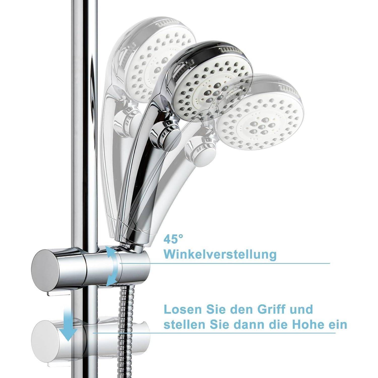 Verstellbarer Duschkopf aus Chrom auf einer vertikalen Schiene, mit Pfeilen und deutschem Text, die eine 45°-Winkelverstellung und das Lockern des Griffs zum Ändern der Höhe zeigen.