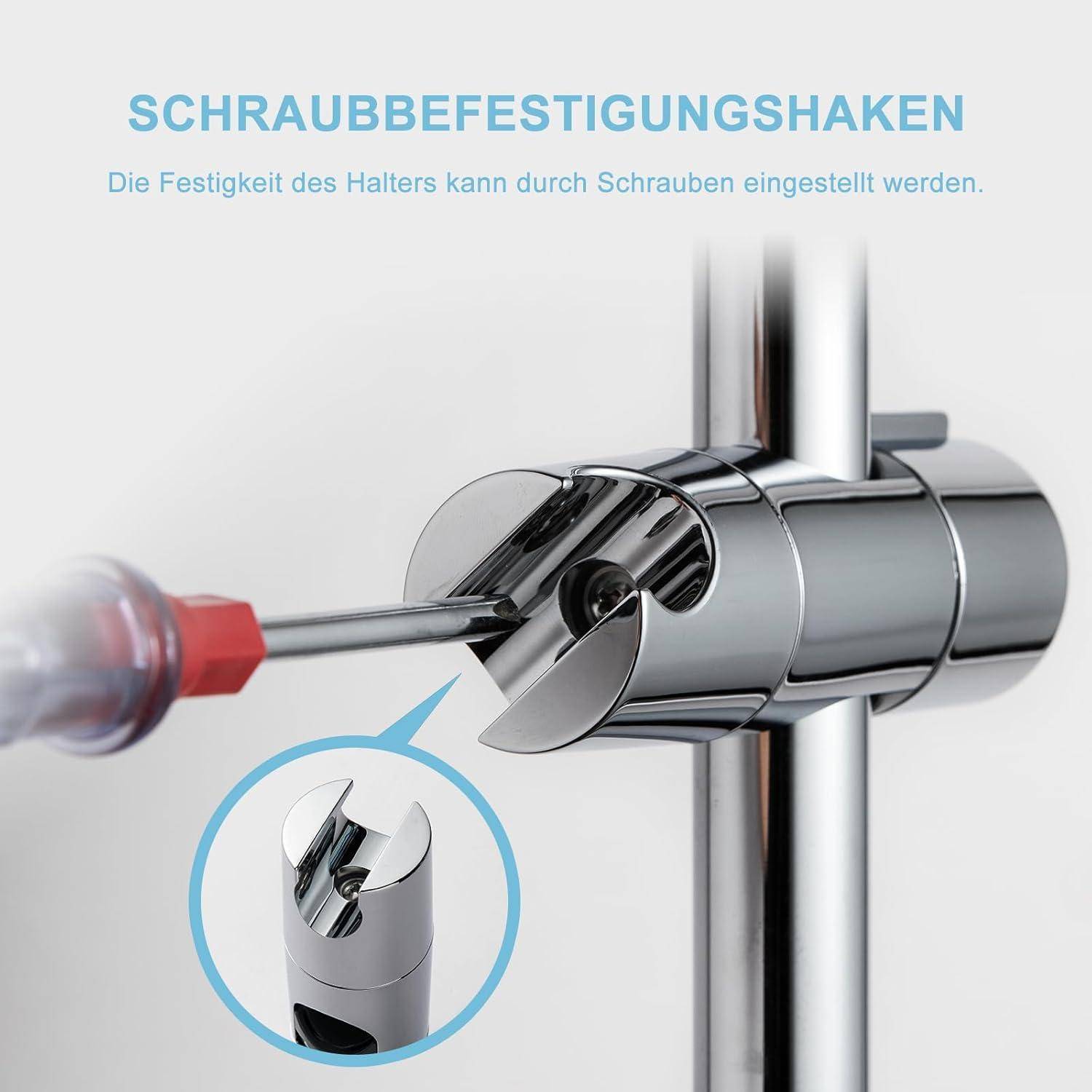 Nahaufnahme einer verchromten Brausehalterung mit einem eingefügten Schraubendreher, der eine Schraube justiert; deutscher Text erklärt, dass die Festigkeit der Halterung durch Schrauben eingestellt werden kann.