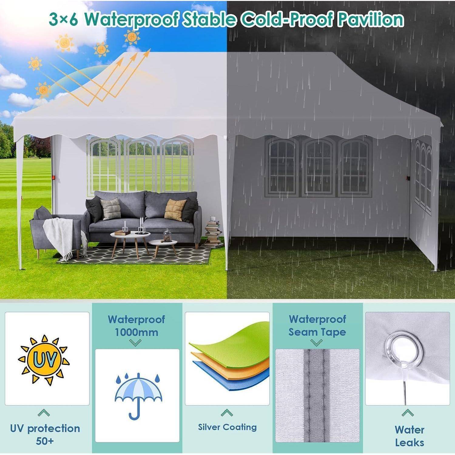 Werbebild eines 3x6 wasserdichten Pavillons Gazebo, dargestellt unter sonnigen und regnerischen Bedingungen, mit Hervorhebung von UV-Schutz, 1000mm Wasserdichtigkeit, Silberbeschichtung, Nahtband und Leckageverhinderung.