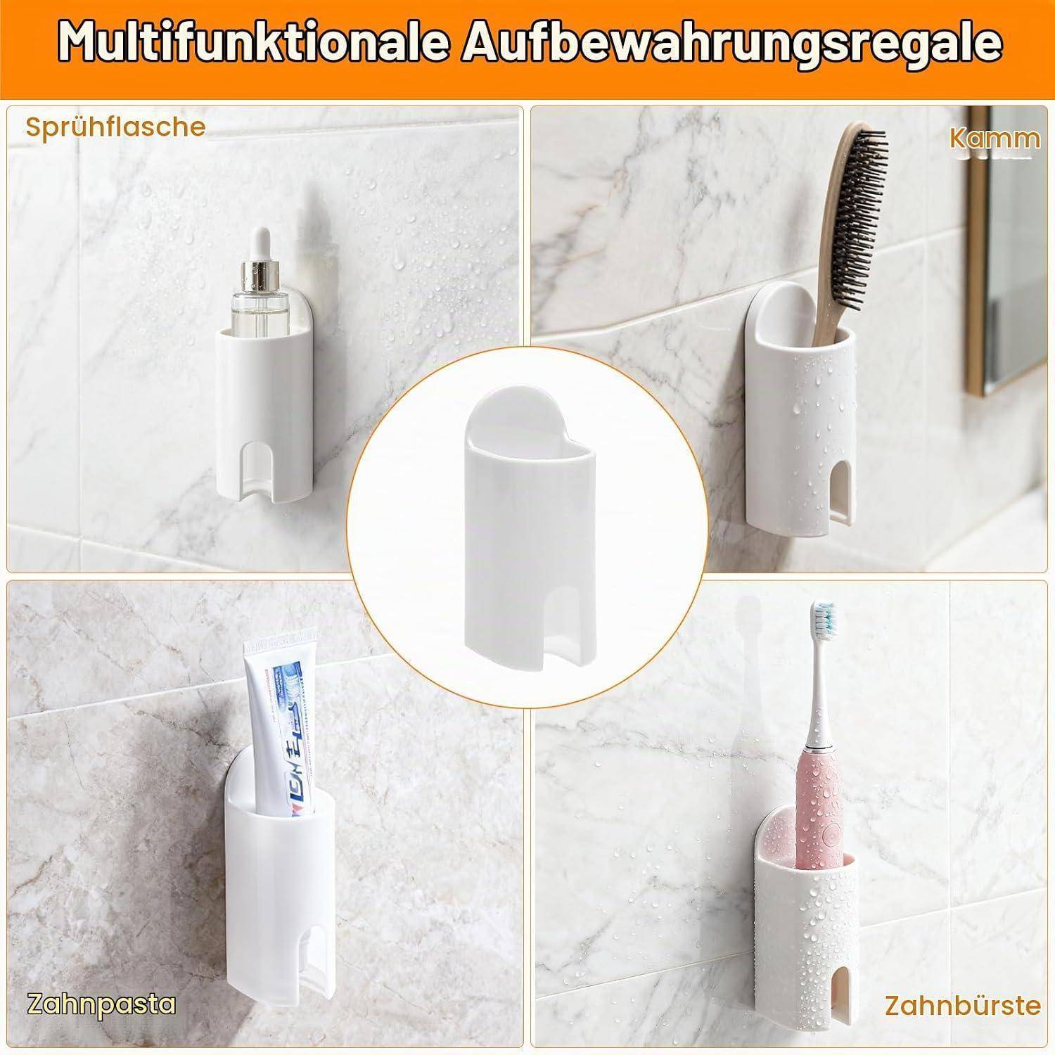 Collage eines weiß wandmontierten Aufbewahrungsbehälters für eine Sprühflasche, einen Kamm, Zahnpasta und eine Zahnbürste; beschriftet mit „Multifunktionale Aufbewahrungsregale