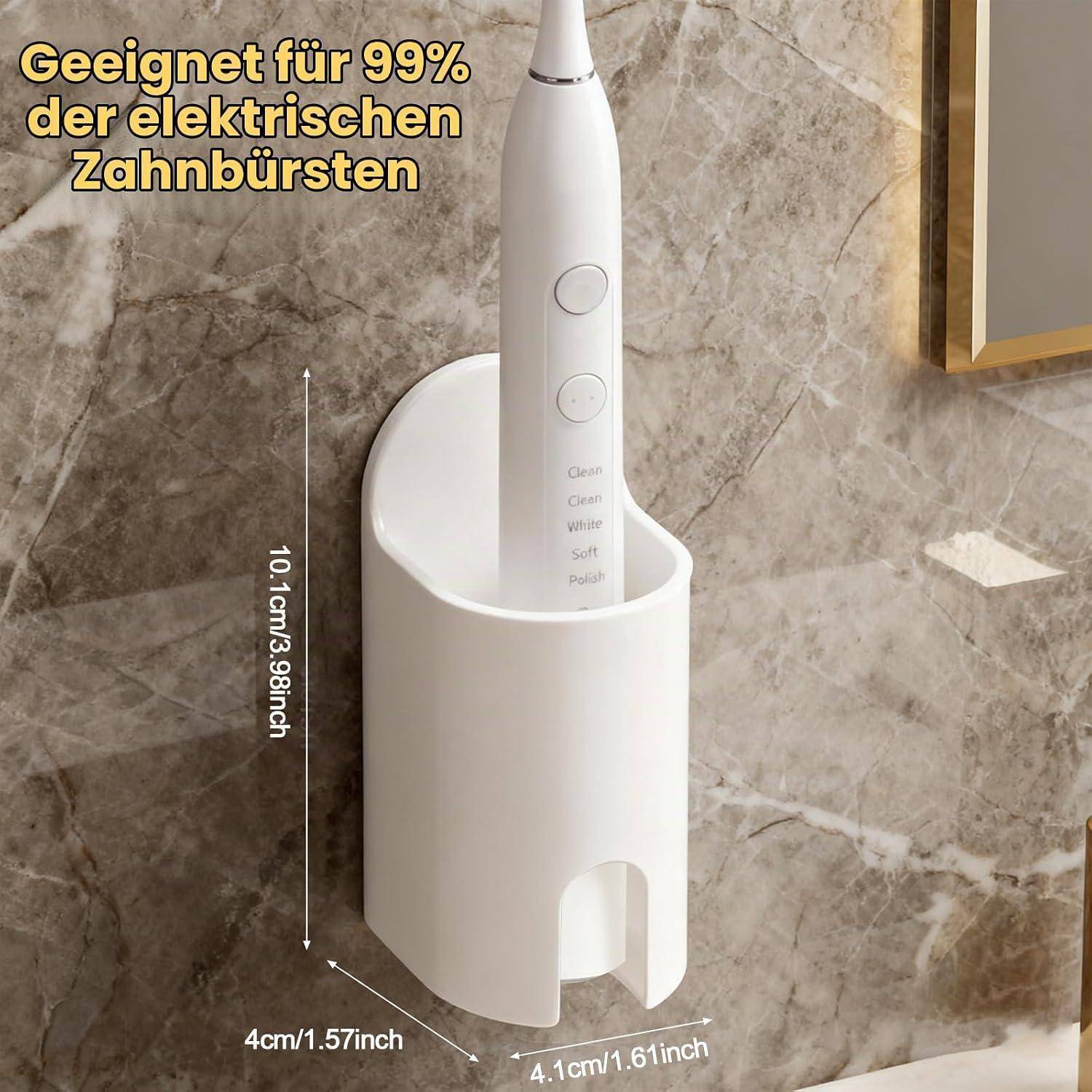 Weiße elektrische Zahnbürste in passendem Ständer, dargestellt mit 10 cm Höhe und 4,1 cm Basis; Text besagt „Geeignet für 99% der elektrischen Zahnbürsten