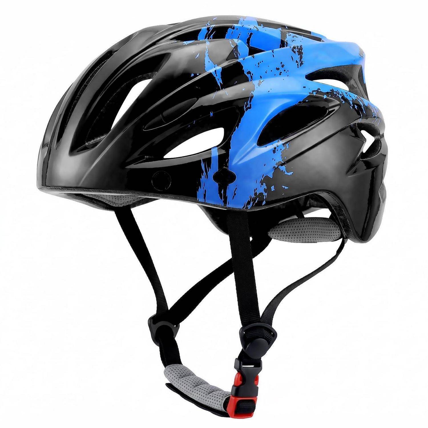 Schwarzer und blauer Fahrradhelm mit verstellbaren Kinnriemen auf weißem Hintergrund.