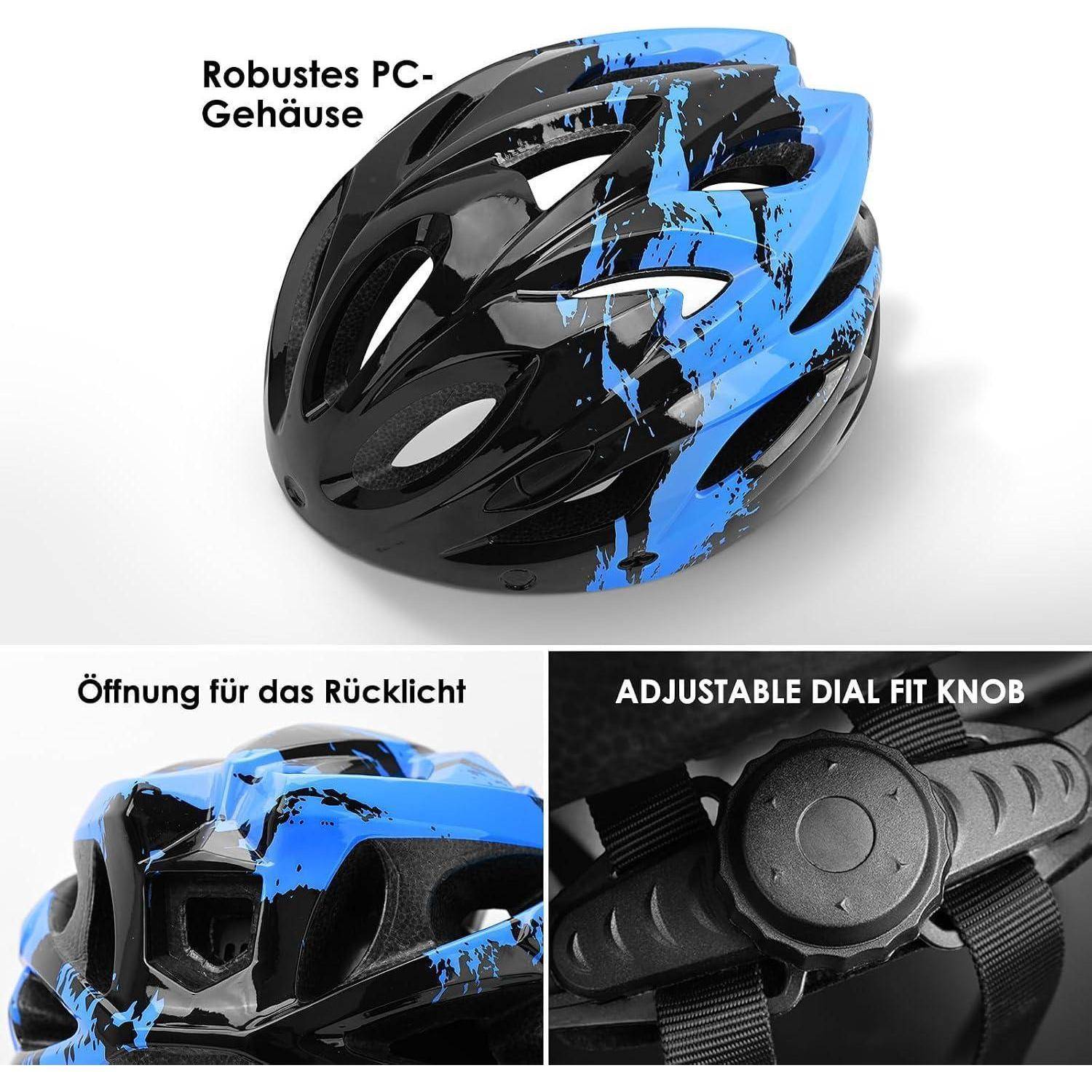 Blauer und schwarzer Fahrradhelm mit robuster PC-Schale, Rücklicht-Öffnung und verstellbarem Drehverschluss, dargestellt in drei Produktansichten.