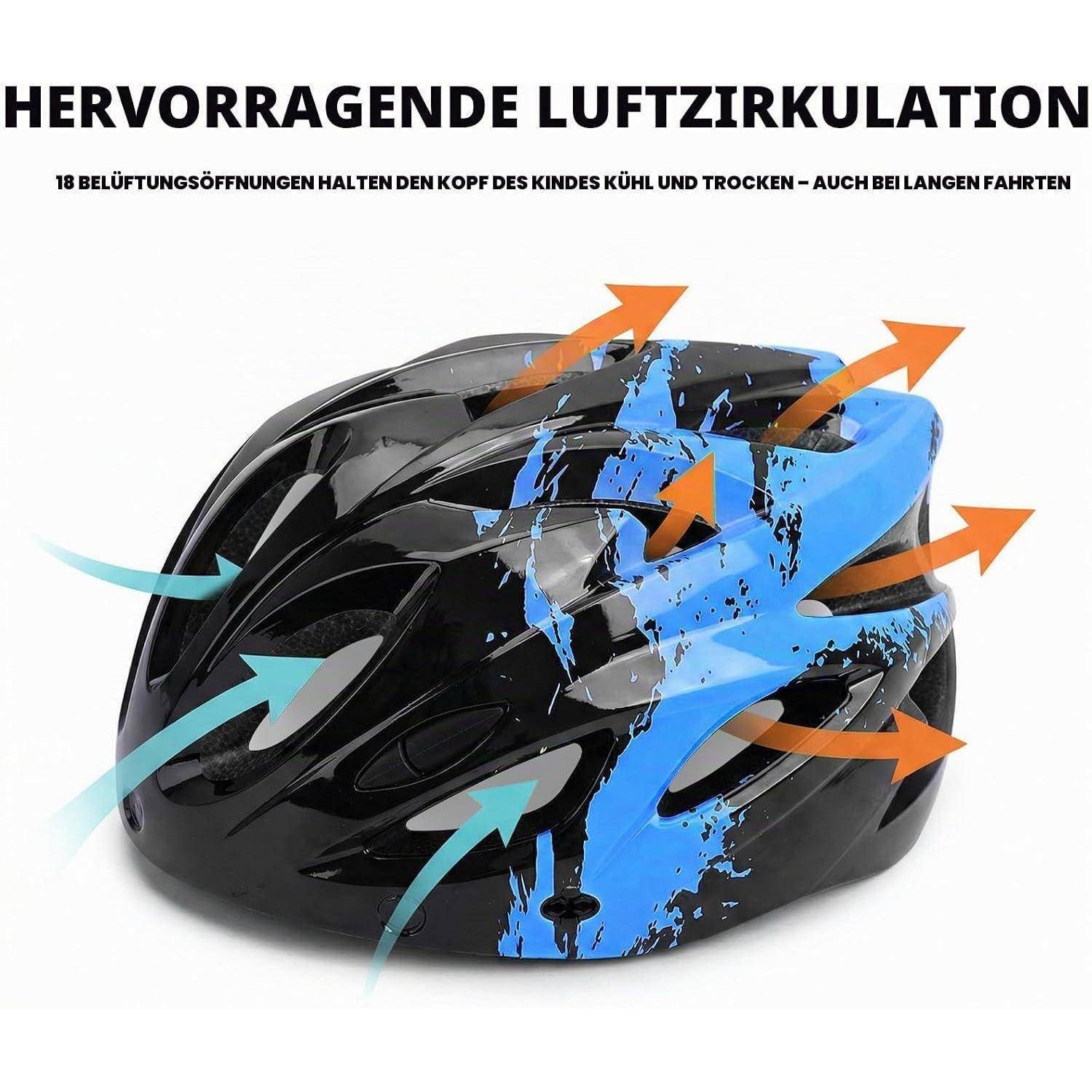Schwarz-blauer Fahrradhelm mit Pfeilen und Text „Hervorragende Luftzirkulation", das 18 Belüftungsöffnungen zur Kühlung und Luftströmung zeigt.