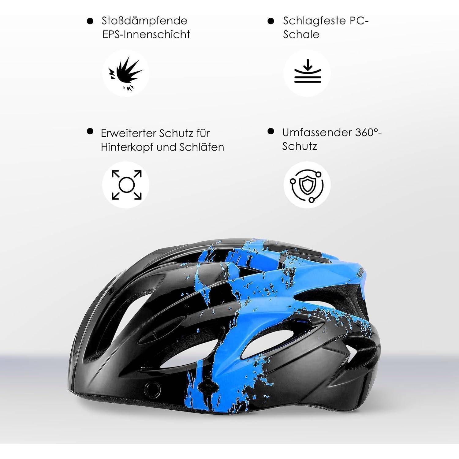 Schwarz-blauer Fahrradhelm mit deutschen Beschriftungen, die die stoßdämpfende EPS-Innenschicht, die schlagfeste PC-Schale und den 360°-Kopfschutz hervorheben.