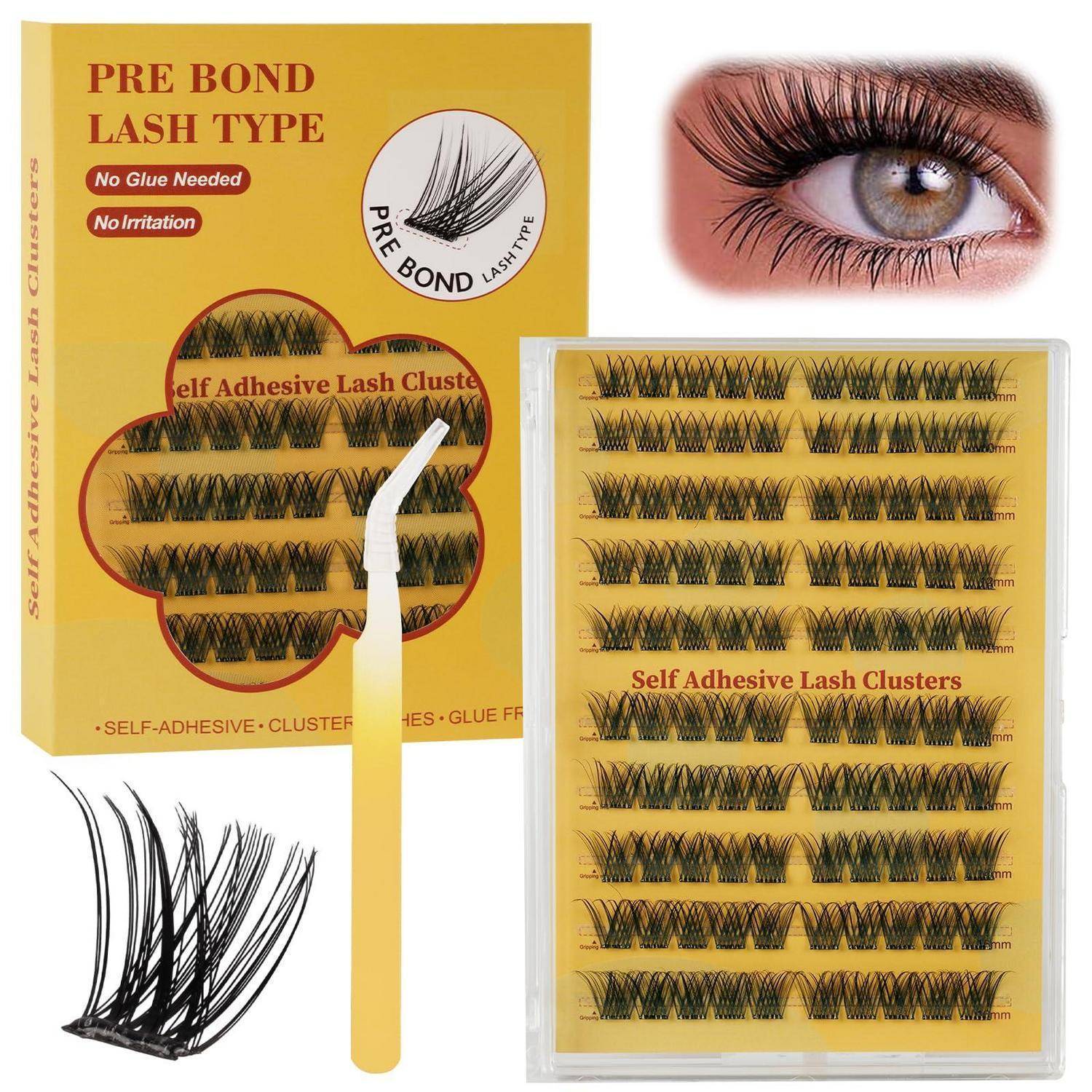 Kit mit vorgeklebten Wimpernbüscheln mit Kleber-Wimpern und Applikator, gezeigt in Verpackung, Tablett und Nahaufnahme des Auges mit langen künstlichen Wimpern.
