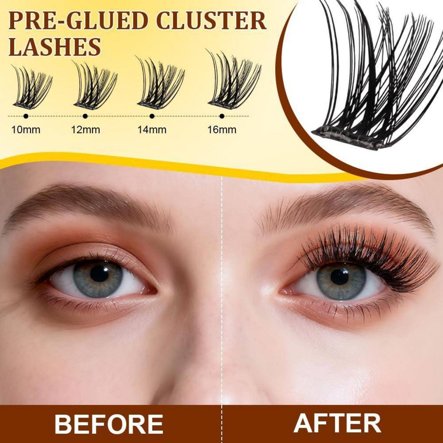 Vorher-und-Nachher eines Auges mit vorgeklebten Clusterwimpern, das einen natürlichen, nackten Wimpernlook im Vergleich zu volleren, gekräuselten Wimpern in den Längen 10 mm, 12 mm, 14 mm und 16 mm zeigt.