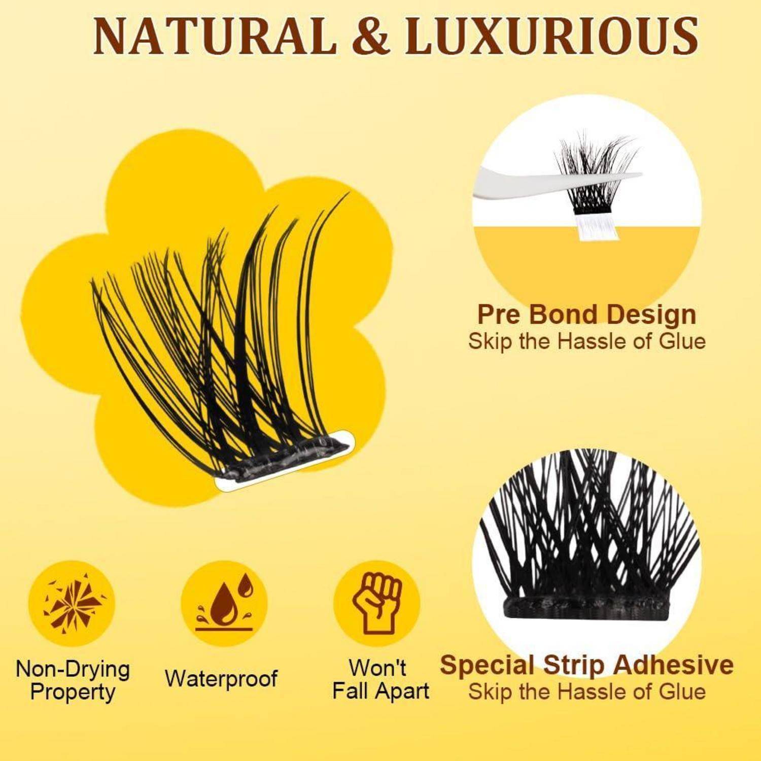 Werbegrafik für Wimpernverlängerungen mit dem Design „Natural & Luxurious