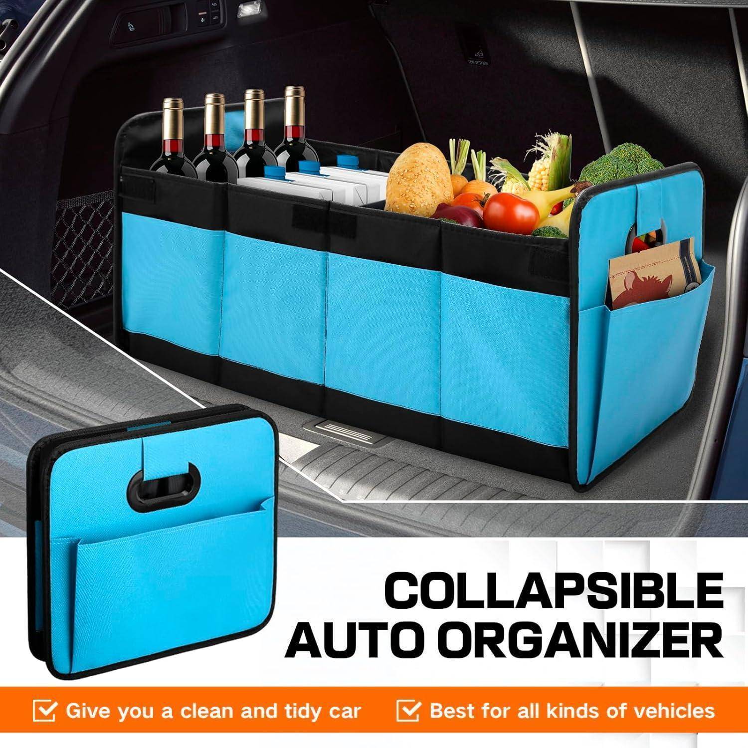 Zusammenklappbarer blauer Kofferraumorganizer mit mehreren Fächern, die Flaschen, Lebensmittel und kleine Gegenstände halten; zusammengeklappte Version unten dargestellt mit Text „ZUSAMMENKLAPPBARER AUTO-ORGANIZER