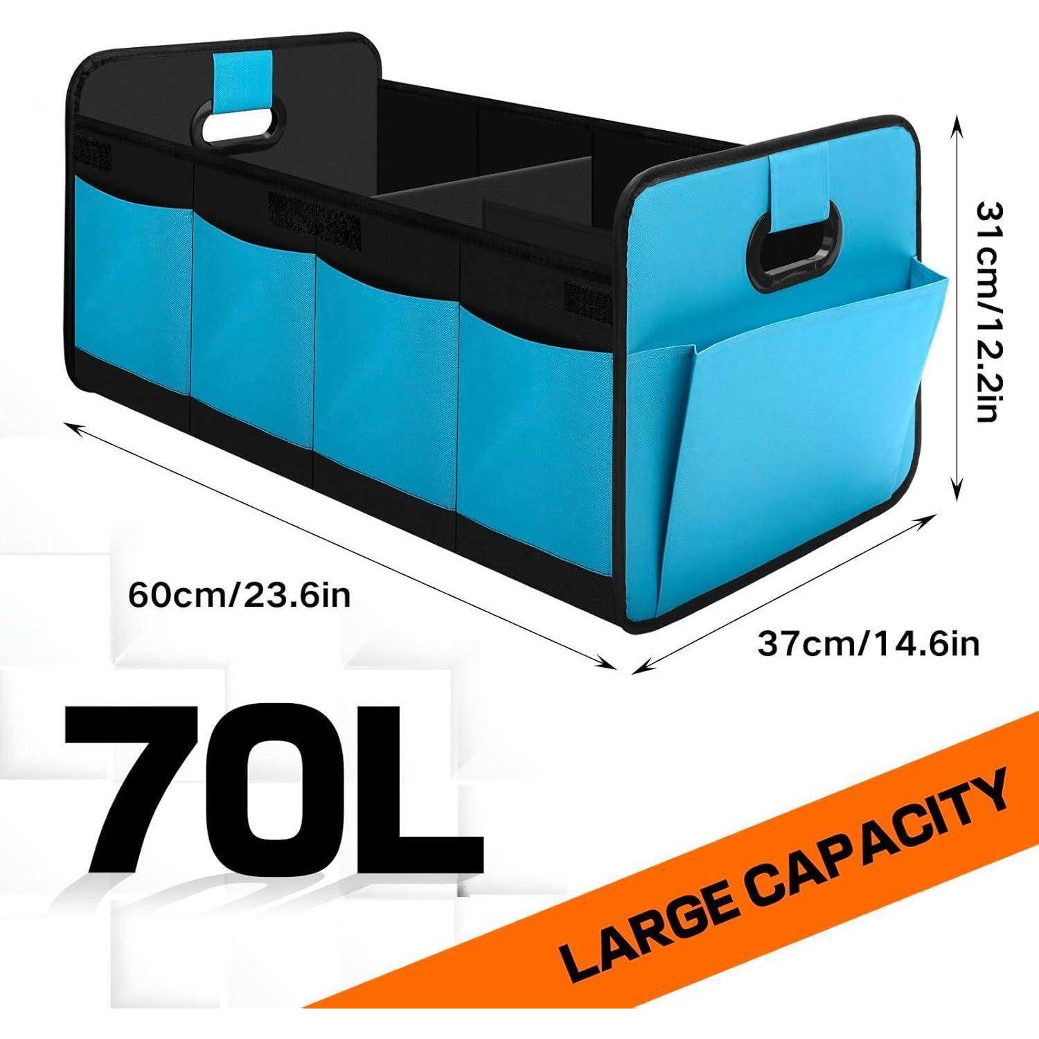 Blauer und schwarzer faltbarer Aufbewahrungsbehälter mit 70-Liter-Beschriftung, mit Griffen und Taschen; Abmessungen angegeben: 60 cm x 37 cm x 31 cm, 'GROSSE KAPAZITÄT'.