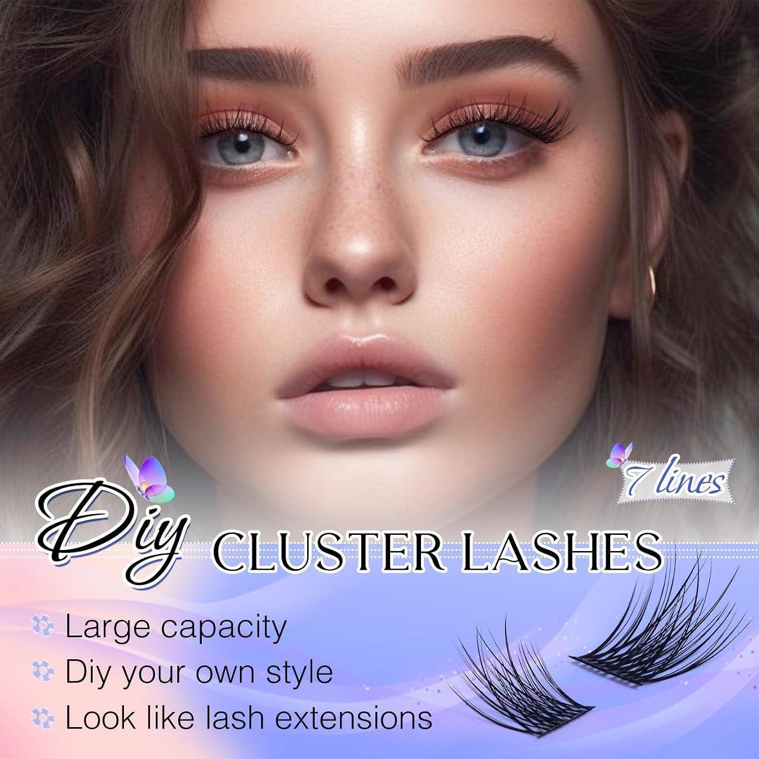 Werbebild eines Frauengesichts mit langen falschen Wimpern und Text mit der Aufschrift „DIY CLUSTER LASHES
