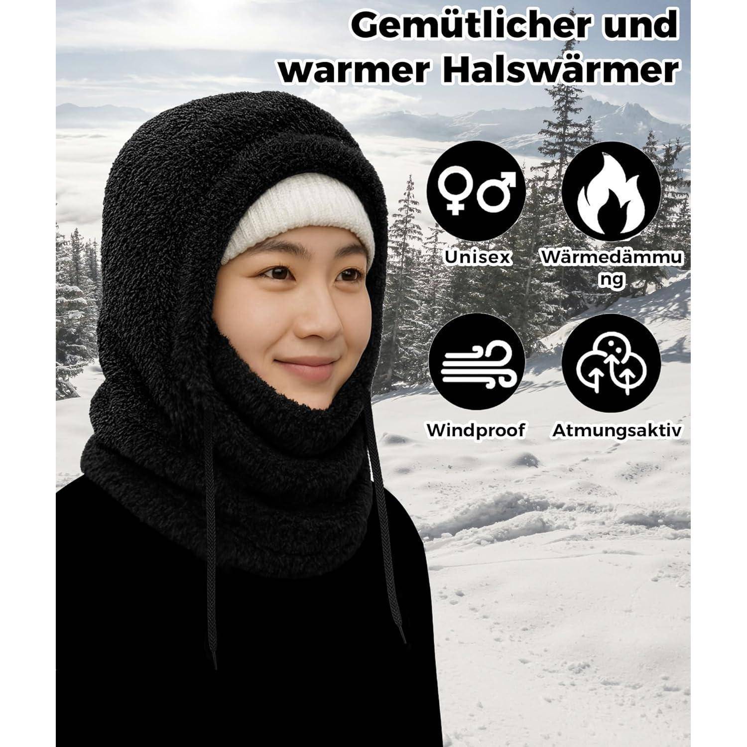 Frau, die einen schwarzen Fleece-Halswärmer mit Kapuze in einer verschneiten Landschaft trägt, mit deutschem Text, der ein gemütliches, warmes Unisex-, winddichtes und atmungsaktives Winter-Accessoire bewirbt.