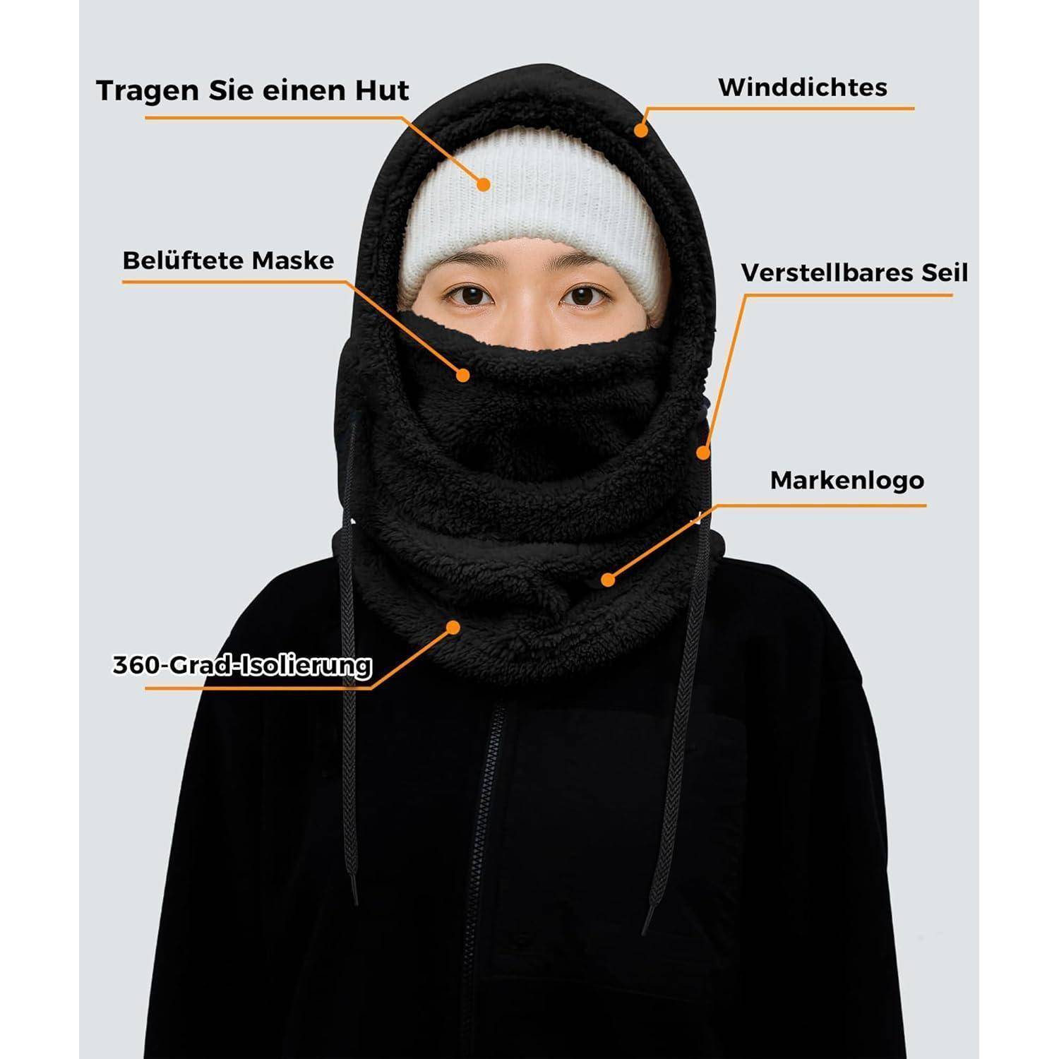 Person trägt eine schwarze winddichte Sturmhaube mit Augenloch, gekennzeichnet in Deutsch mit Merkmalen wie belüftete Maske, verstellbare Schnur, 360-Grad-Isolierung und Helmkompatibilität.