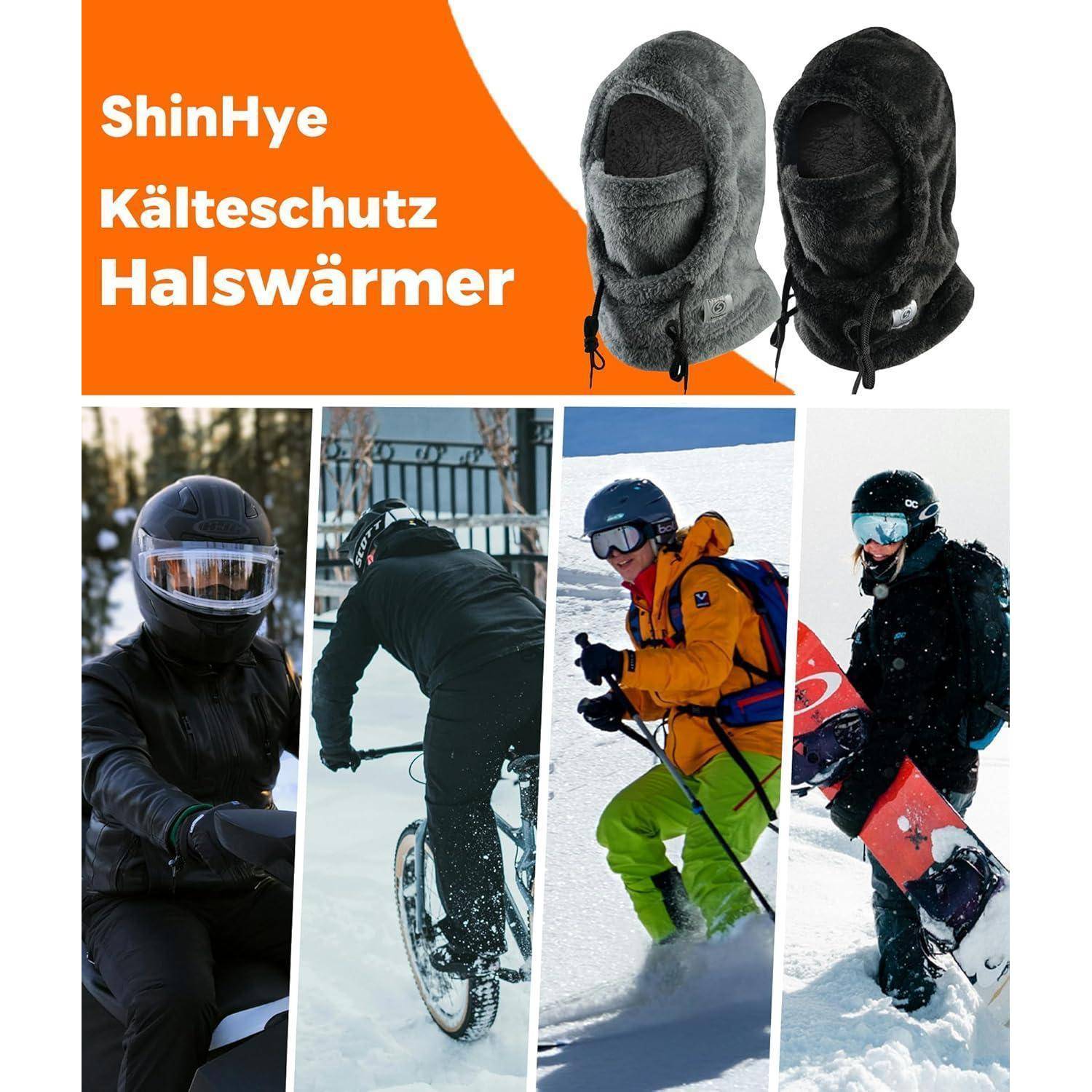 Anzeige für ShinHye-Halswärmer für kaltes Wetter, die zwei Kapuzen-Gesichtsabdeckungen und vier Wintersportler zeigt, die sie beim Skifahren, Radfahren und Snowboarden tragen.