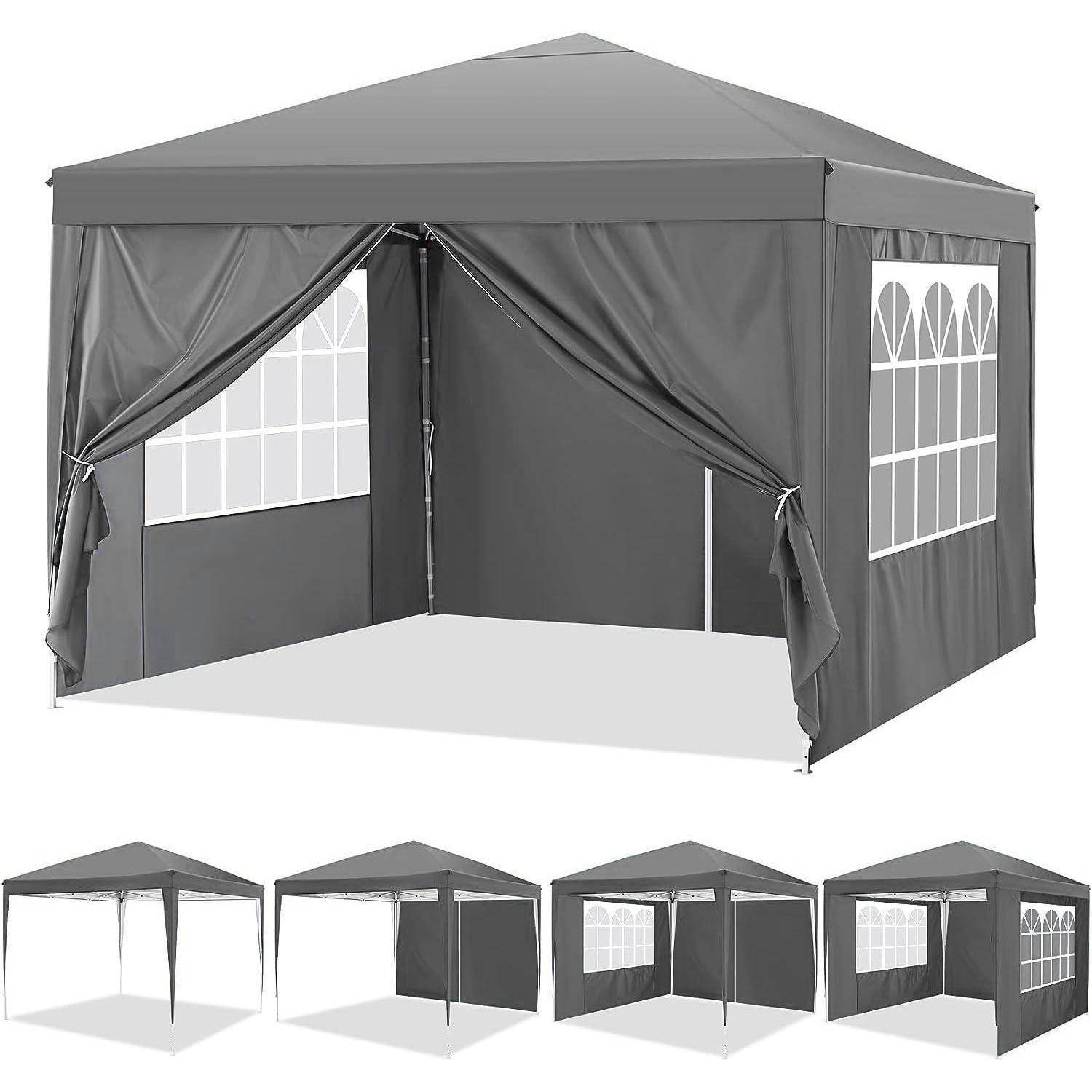 Graues Pop-up-Gartenzelt mit vier Seitenpaneelen, gezeigt in mehreren Aufbaukonfigurationen; die vordere Öffnung hat zurückgebundene Vorhänge und verglaste Wände.
