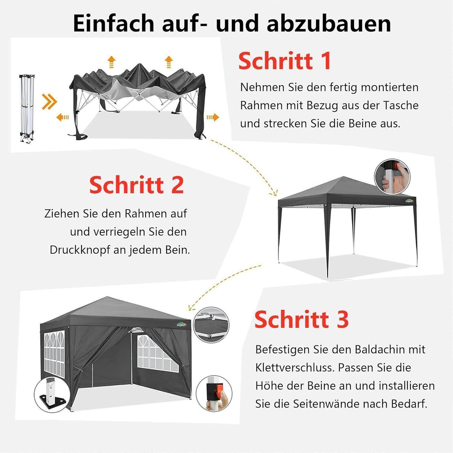 COBIZI Pavillon 3x3 3X3m Hellgrau mit 4 Seitenteilen