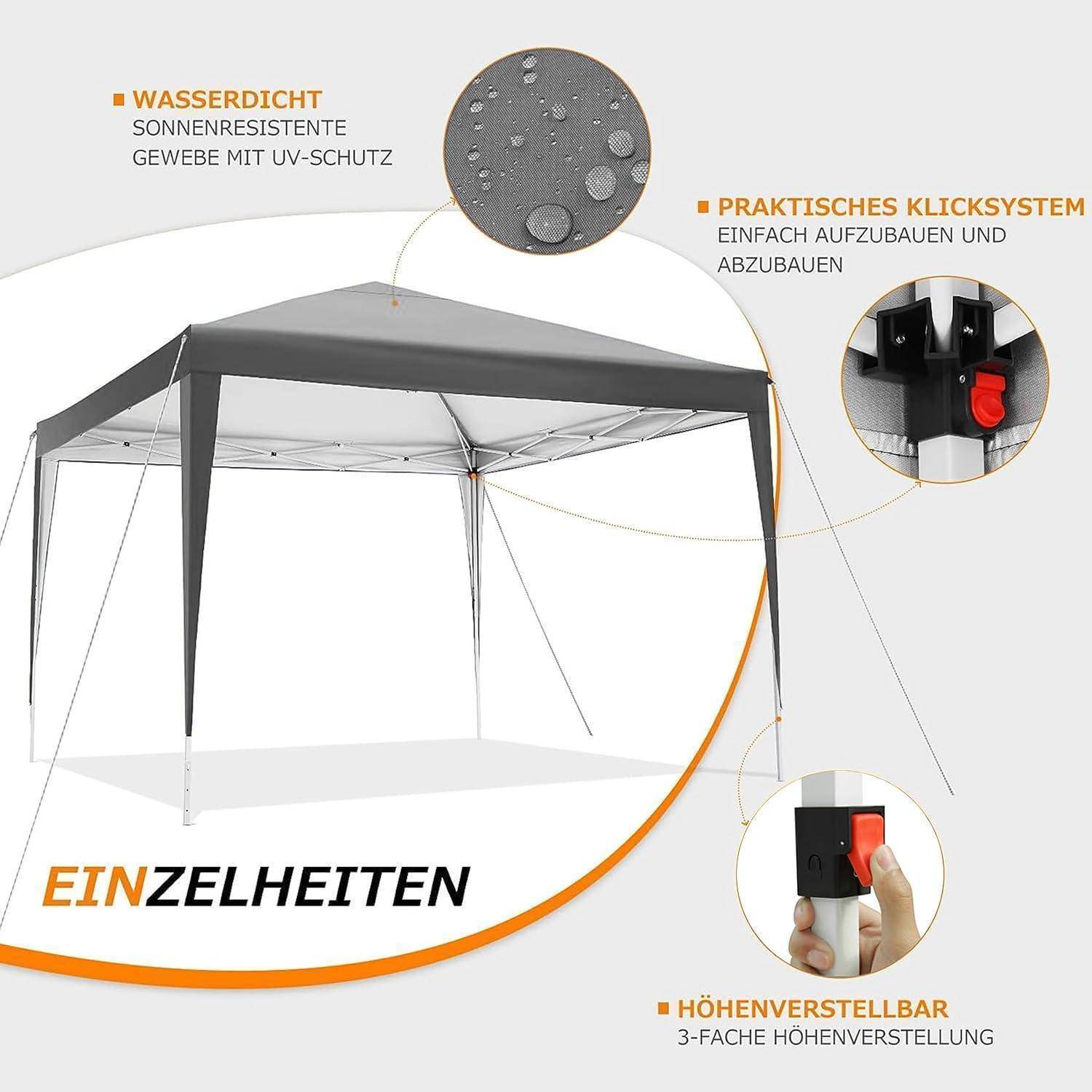 Produktgrafik eines grauen Pop-up-Pavillonzelts mit Hervorhebung von wasserdichtem, sonnenschutzbeständigem Stoff, einfachem Klicksystem und 3-stufiger Höhenverstellung.