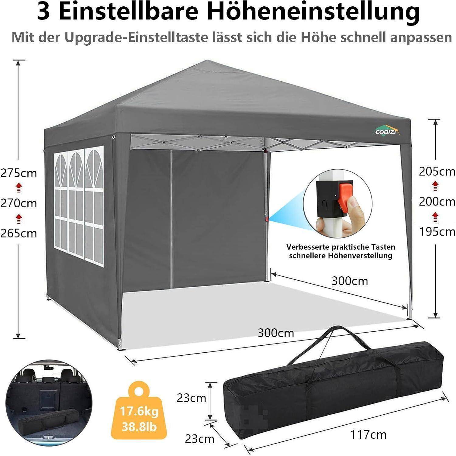 Tragbares Pop-up-Pavillon-Zelt mit verstellbaren Höheneinstellungen; die Abmessungen umfassen 300 cm Breite, 205–275 cm Höhe und 117 cm Tragetasche, mit einer Höhenverstellung per Knopfdruck.