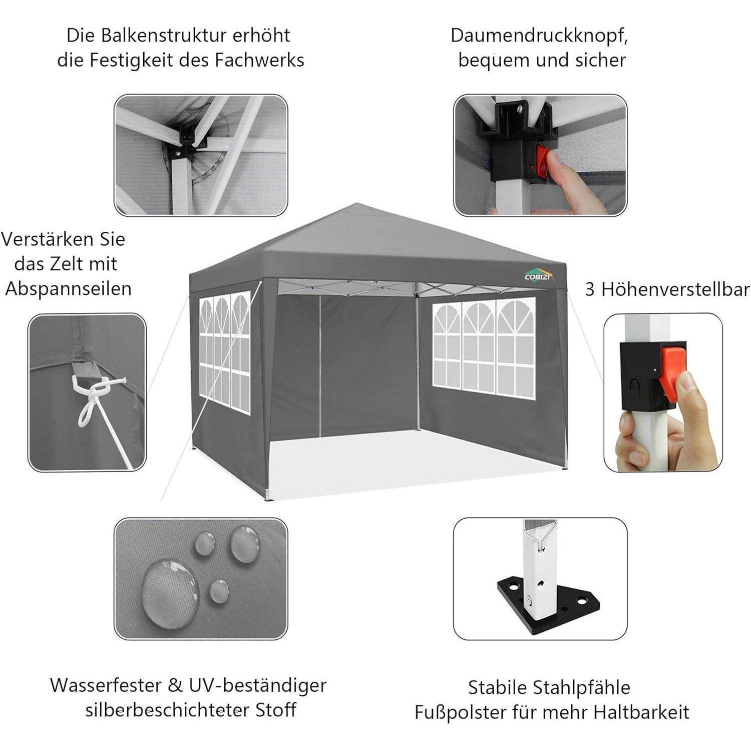 Illustriertes Pop-Up-Baldachinnzelt mit deutschen Beschriftungen, die den verstärkten Rahmen, die Druckknopfgelenke, die verstellbare Höhe, die Spannseile, den wasserfesten UV-beständigen silberbeschichteten Stoff und die Stahlpflöcke/Fußplatten hervorheben.