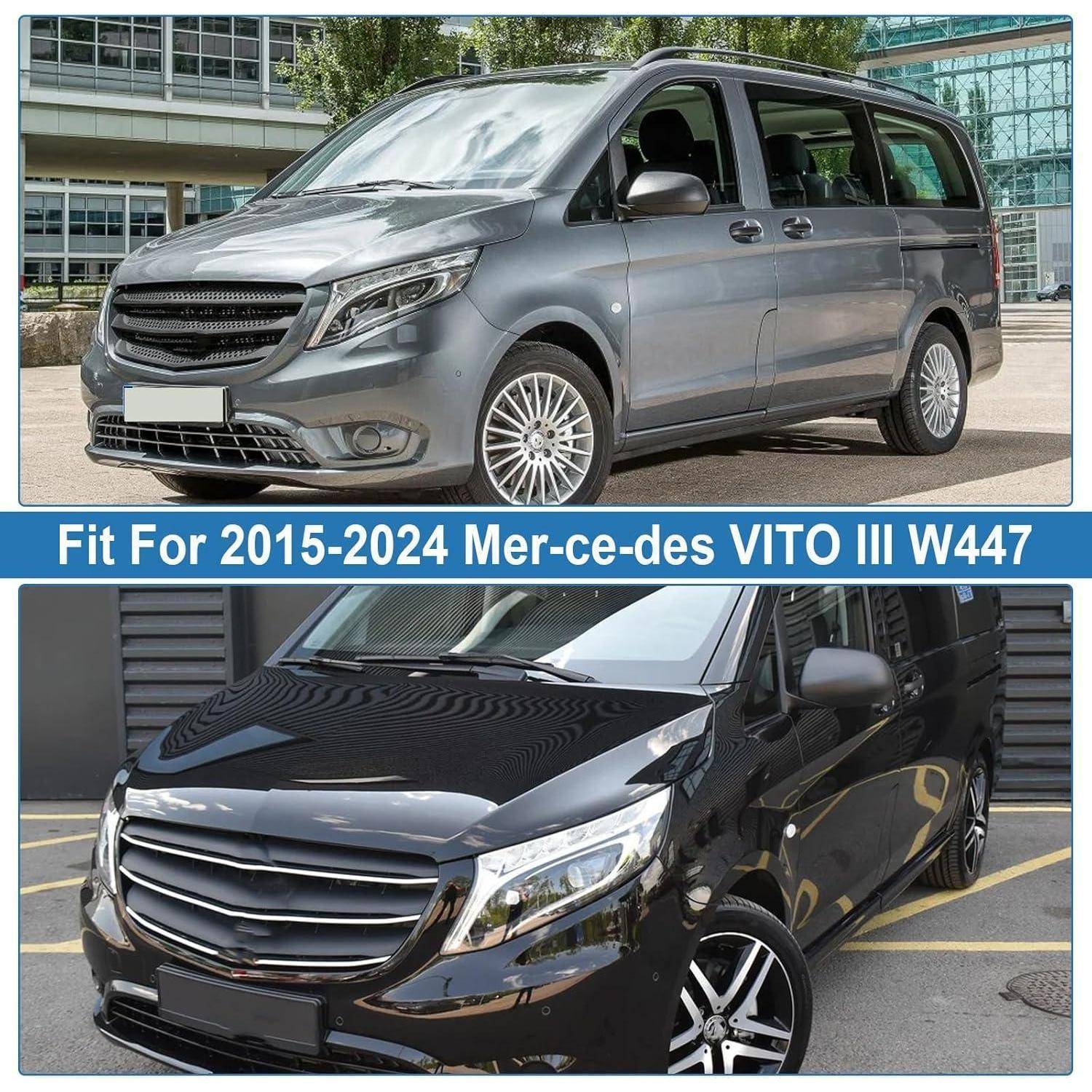 Vorher-Nachher-Bild eines Mercedes-Benz Vito-Transporters mit silbernen und schwarzen Modellen und dem Text „Passend für 2015-2024 Mer-c e-des VITO III W447".