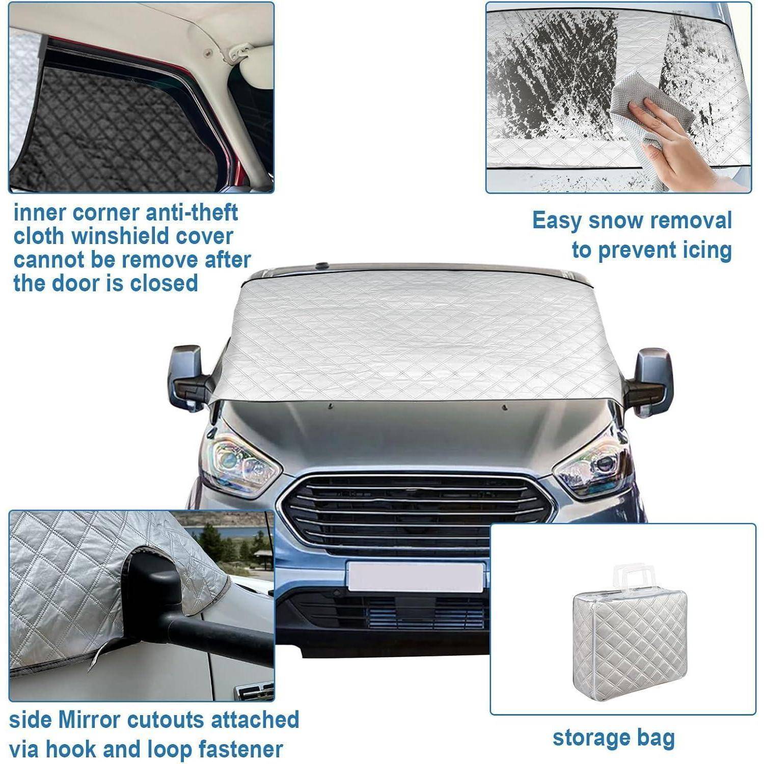 Autoscheibenabdeckung auf einem Lastkraftwagen gezeigt, mit gekennzeichneten Funktionen: Diebstahlschutz an der Türkante, einfache Schneeentfernung, Seitenspiegel-Ausschnitte und Aufbewahrungstasche.