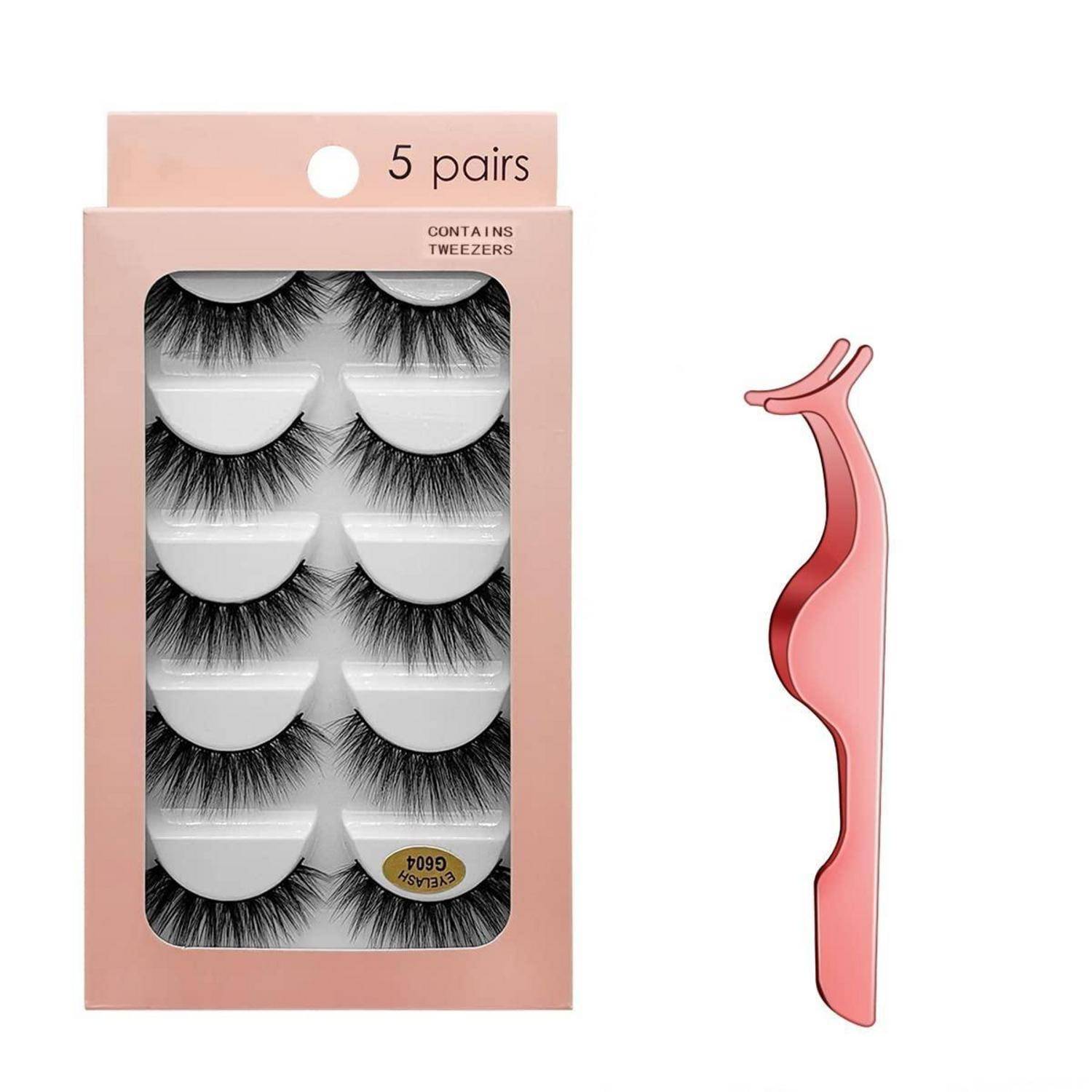 Packung mit 5 Paar künstlichen Wimpern mit Pinzette, gezeigt in rosa Einzelhandelsverpackung und eine Seitenansicht des Applikator-Werkzeugs.