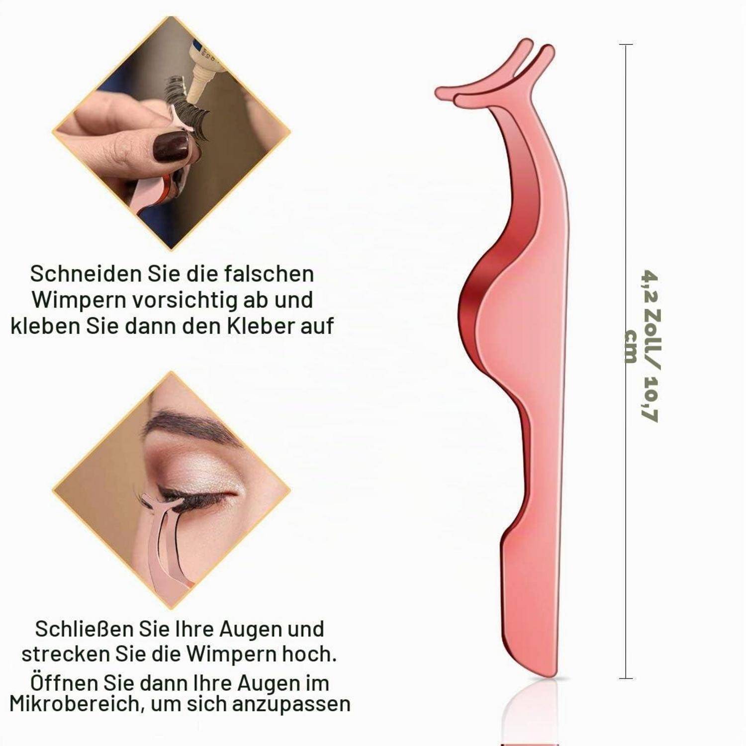 Illustrierter Wimpernapplikator mit deutschen Anweisungen zum Trimmen, Auftragen von Kleber und Ausrichten von künstlichen Wimpern; Werkzeug ist 4,2 Zoll/10,7 cm groß.