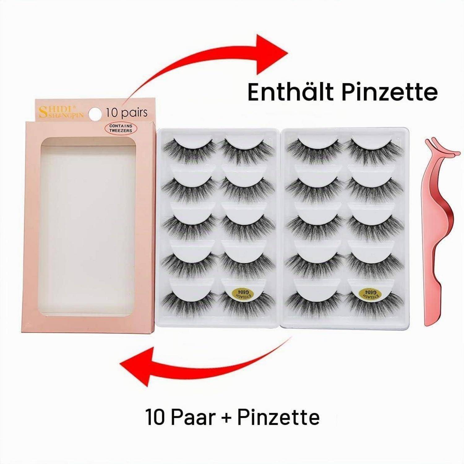 Produktbild von 10 Paar falschen Wimpern mit Pinzette, gezeigt in einer rosa Aufbewahrungsbox und zwei offenen Wimpernpaletten; Text sagt „Enthält Pinzette