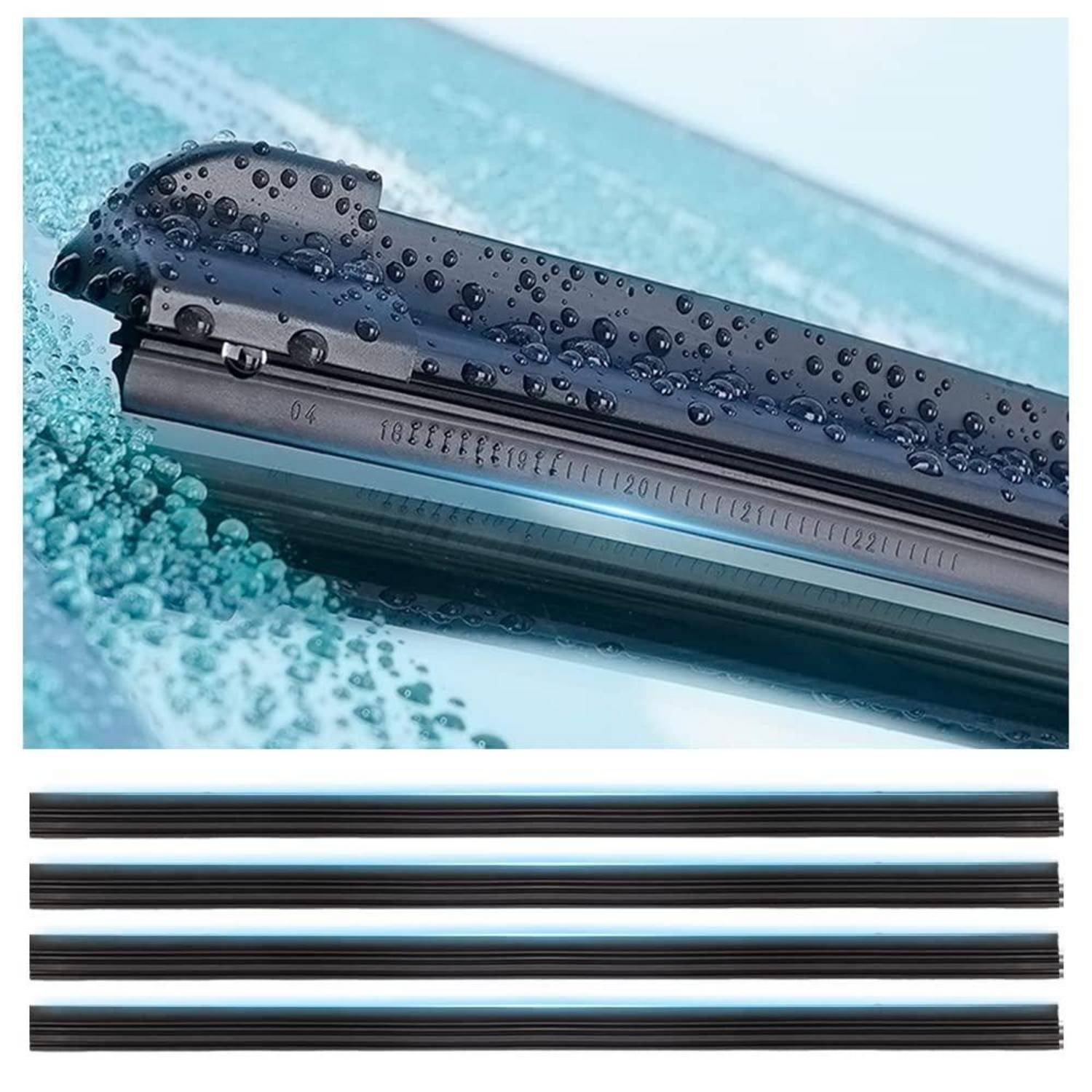 Wasserbeständiges Scheibenwischerblatt in Nahaufnahme mit Regentropfen; darunter sind vier Ersatz-Scheibenwischblätter horizontal angeordnet.