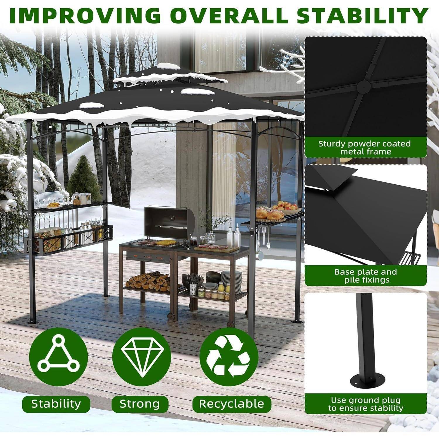 Gartenpavillon im Freien mit schneebedecktem Dach, hervorgehoben als „Verbesserung der Gesamtstabilität"; Beschriftungen zeigen pulverbeschichtetes Metallgestell, Basisplatte/Pfahlbefestigungen und Bodenverankerung für Stabilität.