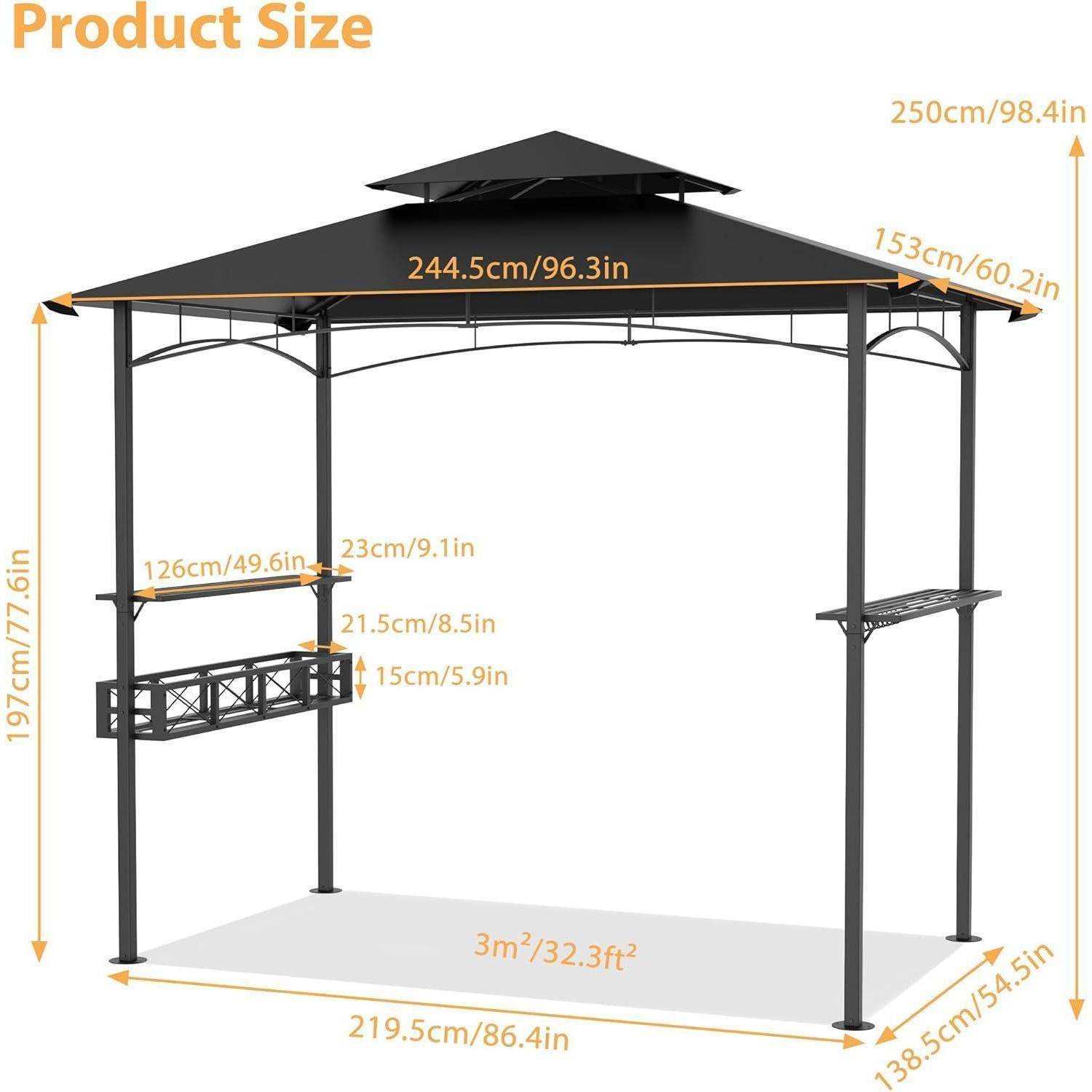 Produktgrößendiagramm einer Metallgartenlaube mit Gesamtabmessungen: 244,5 cm breit, 153 cm tief, 250 cm hoch, mit beschrifteten Regal- und Thekenmessungen.