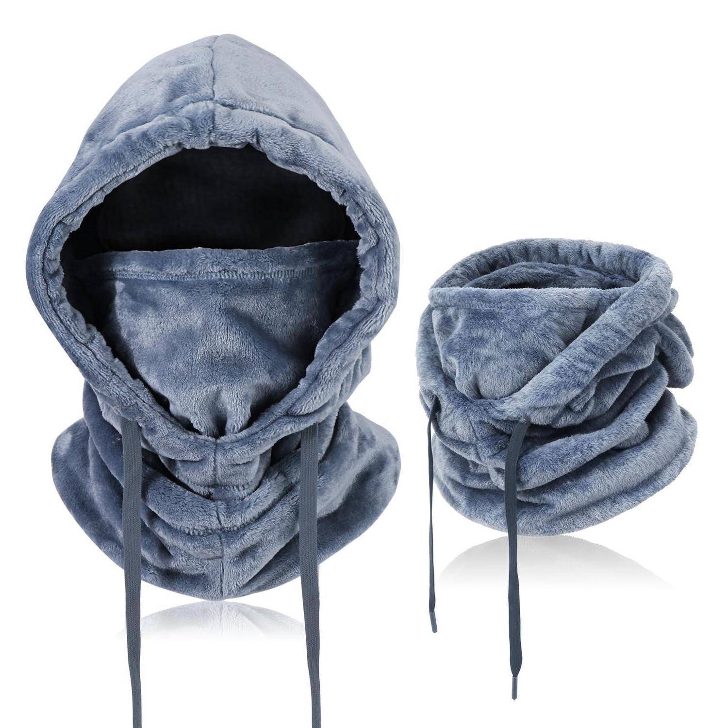 Blauer Plüsch-Halswärmer mit Kapuze, von vorne und gefaltet dargestellt, mit Zugschnüren und Gesichtsöffnung für Kälteschutz.