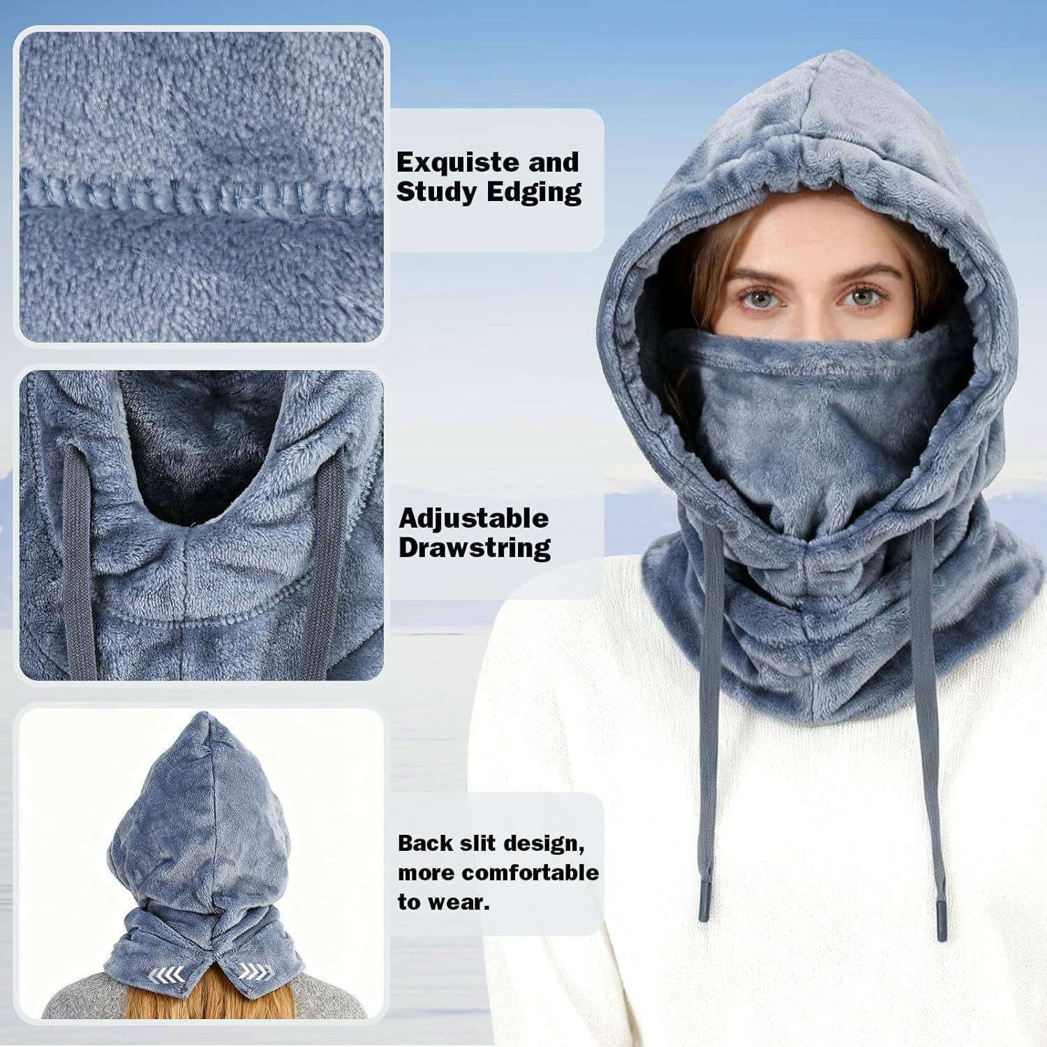 Modell trägt eine blaue Kopfbedeckung mit Kapuze und verstellbaren Kordelzügen; eingesetzte Nahaufnahmen zeigen gesäumte Kanten, Halspassform und rückwärtige Schlitzgestaltung für Komfort.