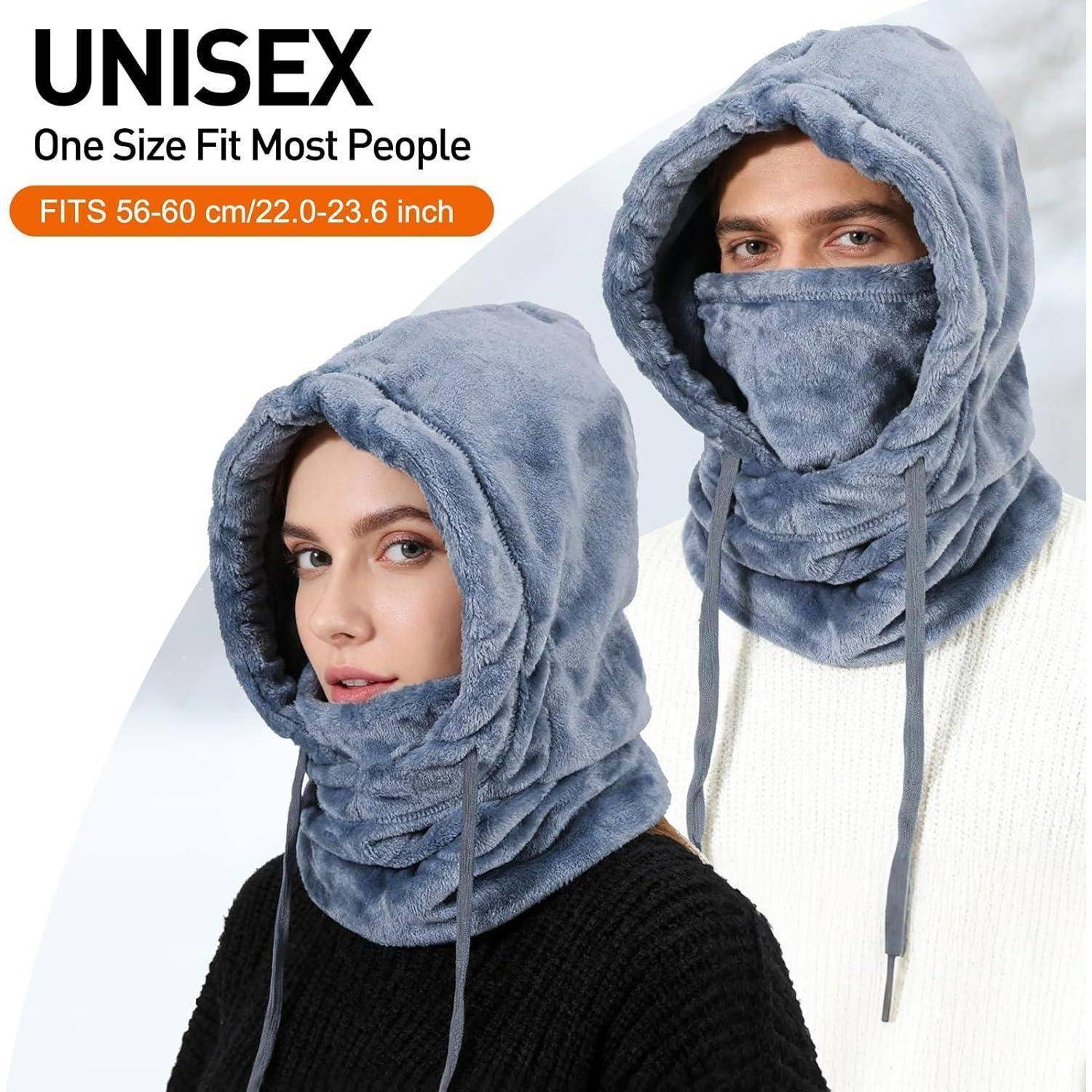 Produktbild von zwei Modellen, die eine blaue unisex Kopfbedeckung mit Kapuze tragen; der Text besagt „UNISEX