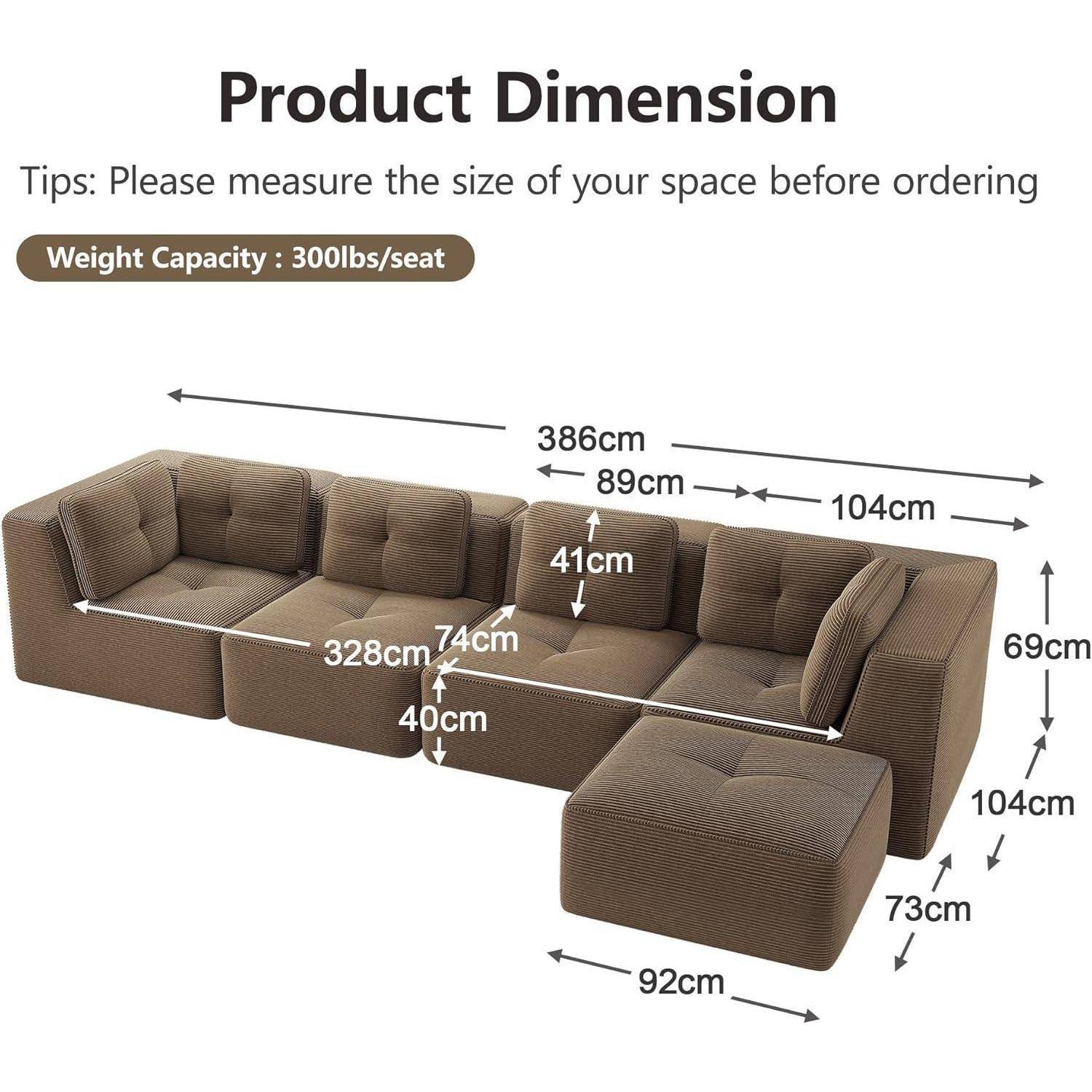 Produktabmessungsdiagramm eines L-förmigen Ecksofa mit Ottomane, mit einer Gesamtbreite von 386 cm, Sitztiefen von 89 cm und 104 cm, Tiefe von 104 cm, Höhe von 69 cm und einer Tragfähigkeit von 300 kg pro Sitzplatz.
