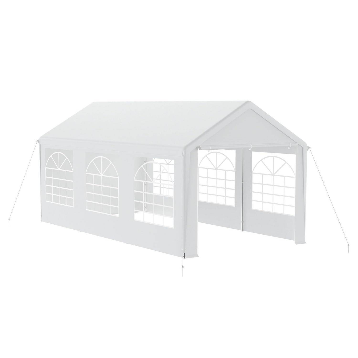 Weißes Outdoor-Eventzelt mit gewölbten Fensterpaneelen und offener Fronteingang