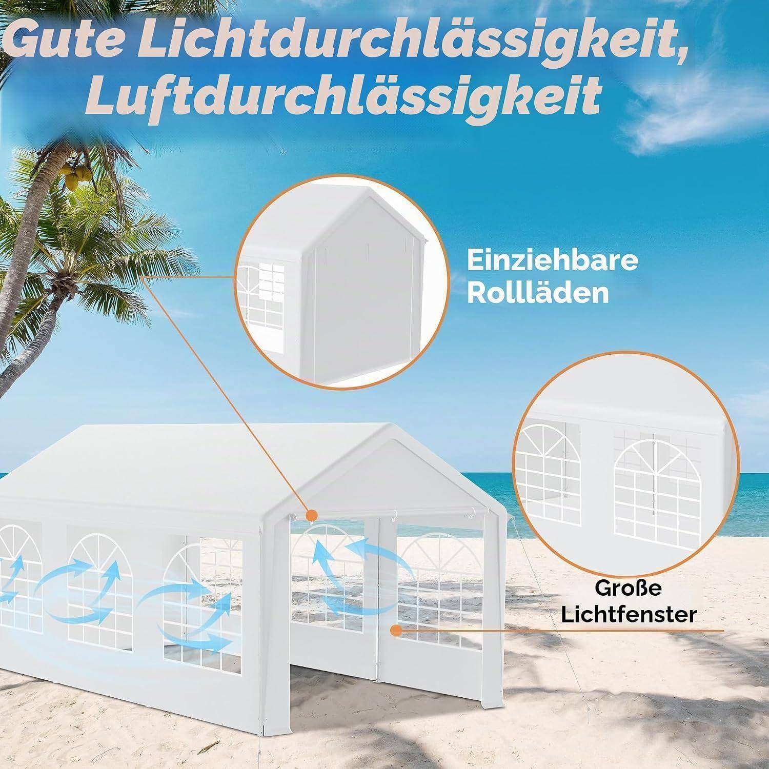 Illustration eines weißen Strandzelts mit Öffnungsfenstern und einziehbaren Verschlüssen, beschriftet auf Deutsch mit "gute Luftdurchlässigkeit"" und ""große Fenster"".