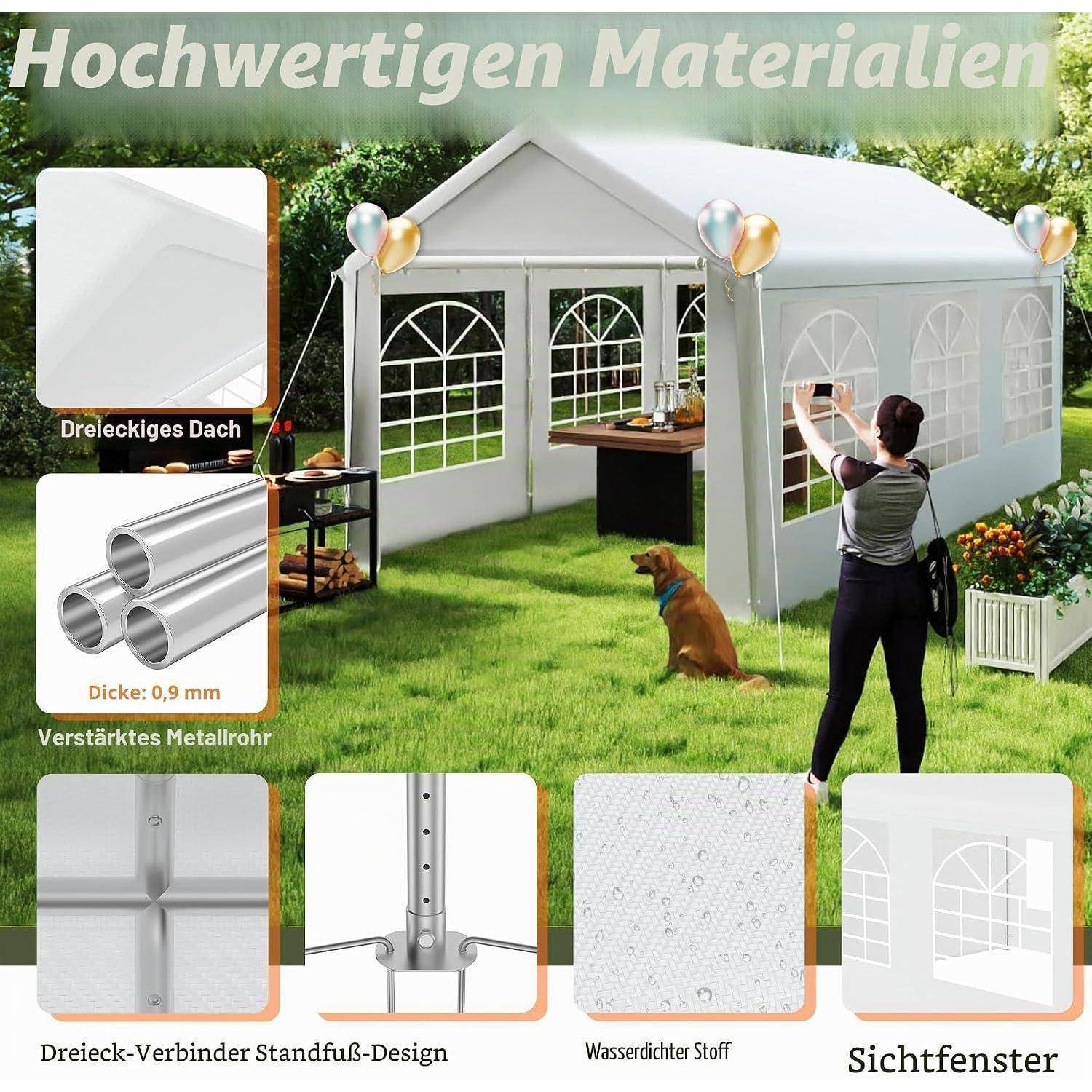 Werbeanzeige für ein weißes Gartenfestzelt mit Spitzdach, verstärktem Metallrahmen, wasserdichtem Stoff, sichtbaren Fenstern und 'Sichtfenster'-Seitenpaneelen.