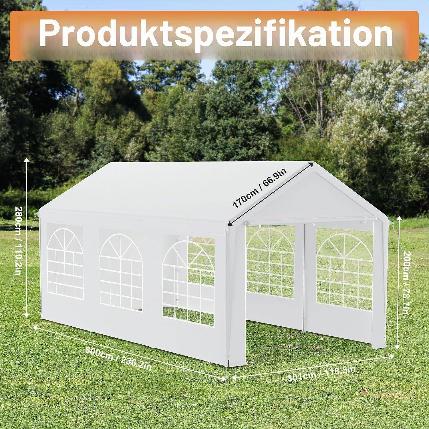 Weiße Outdoor-Veranstaltungszelt-Produktspezifikation mit den Abmessungen 600 cm Länge, 300 cm Breite und 280 cm Höhe, mit gewölbten Fensterpaneelen und einem Spitzdach.