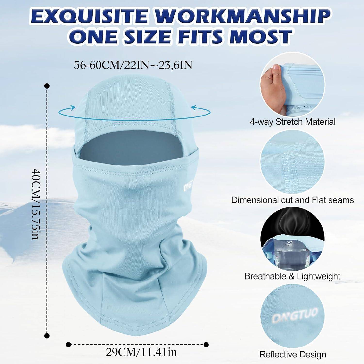Werbegrafik eines hellblauen Halstuchs/Gesichtsschutzes in Vollgesichtsform mit der Bezeichnung „EXQUISITE WORKMANSHIP