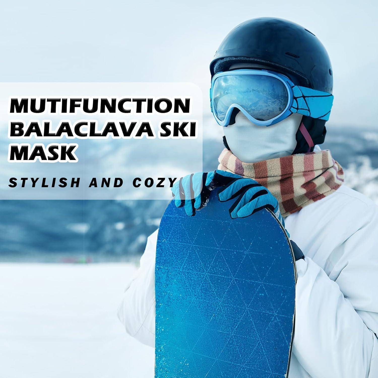 Person in Skiausrüstung mit Sturmhaube und Schutzbrille hält ein Snowboard; Text liest sich als „MULTIFUNKTIONALE SKIMASKE MIT STURMHAUBE