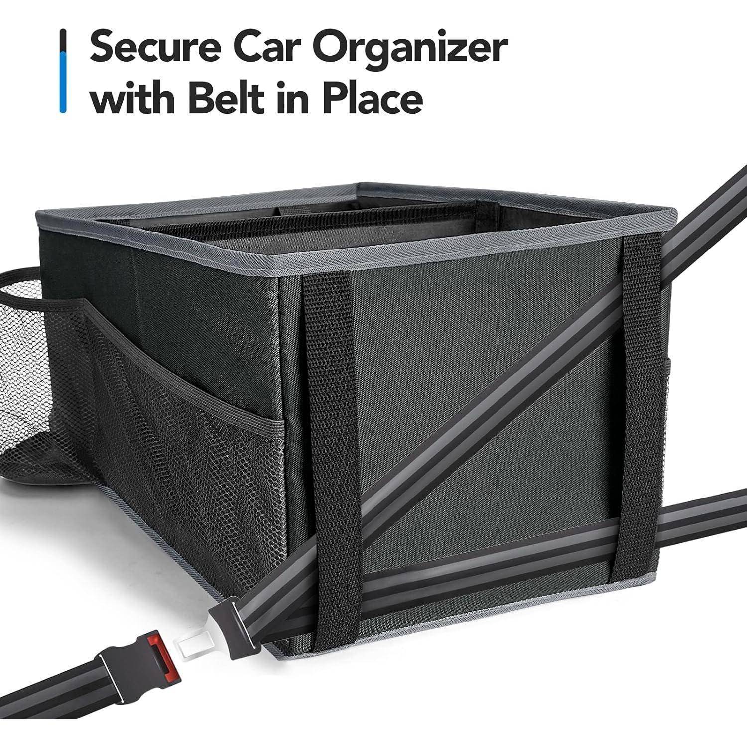 Schwarze Auto-Organizer-Box mit Mesh-Seitentaschen, gesichert durch einen Sicherheitsgurt; der Text lautet „Sichere Auto-Organizer mit Gurt an Ort und Stelle